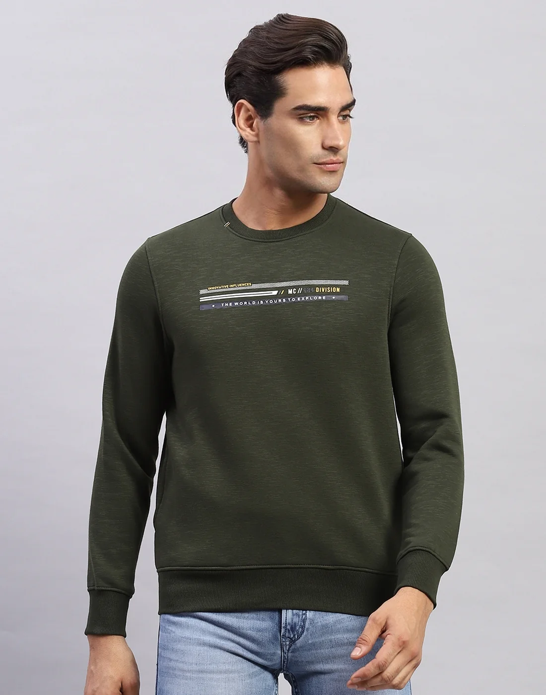 Men Olive Printed Round Neck Full Sleeve Sweatshirt - Image 2