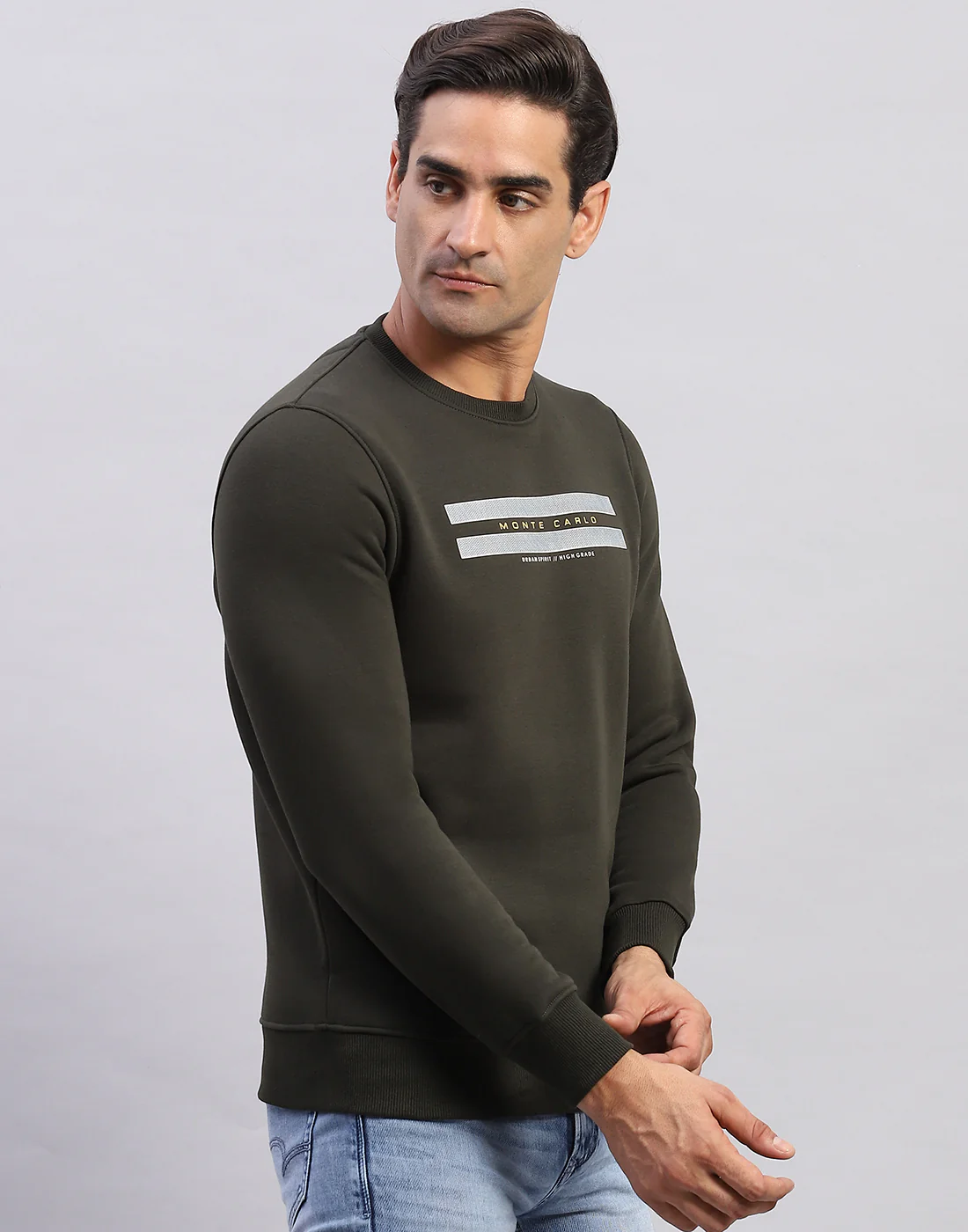 Men Olive Printed Round Neck Full Sleeve Sweatshirt - Image 4