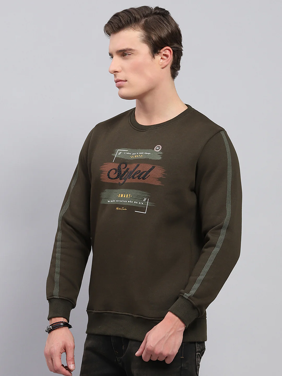 Men Olive Printed Round Neck Full Sleeve Sweatshirt - Image 3