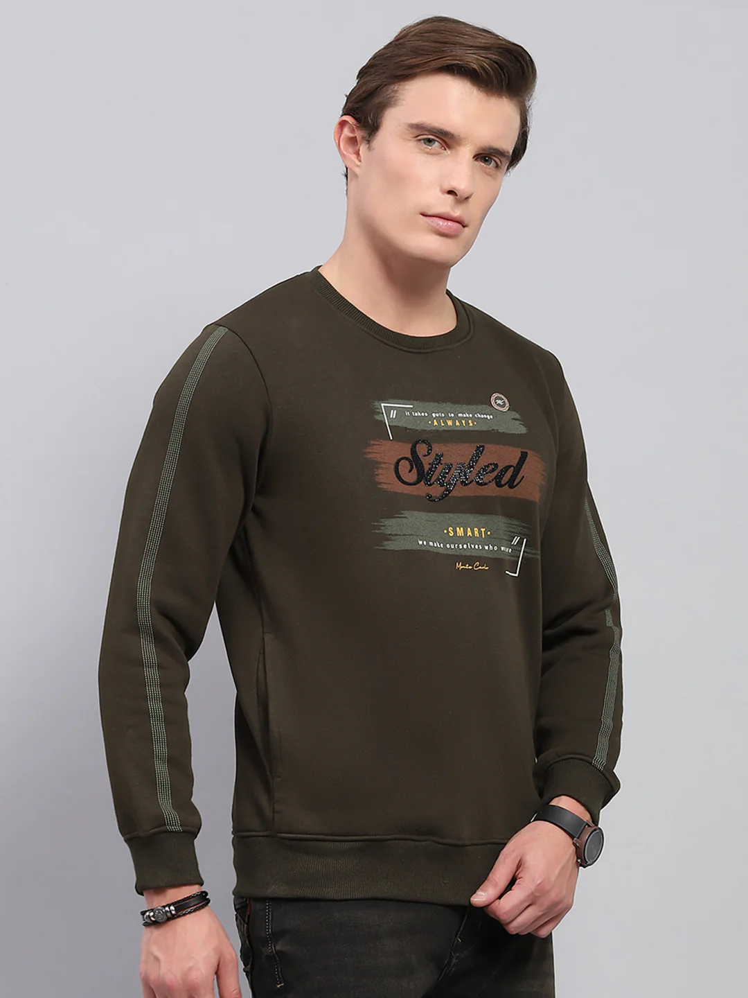 Men Olive Printed Round Neck Full Sleeve Sweatshirt - Image 4