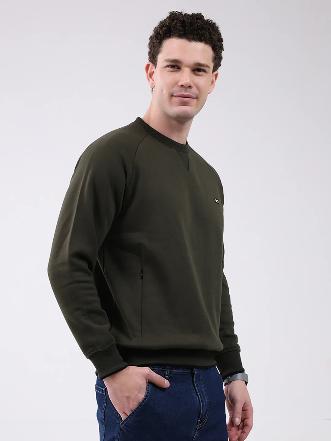 Men Olive Printed Round Neck Full Sleeve Sweatshirt - Image 3