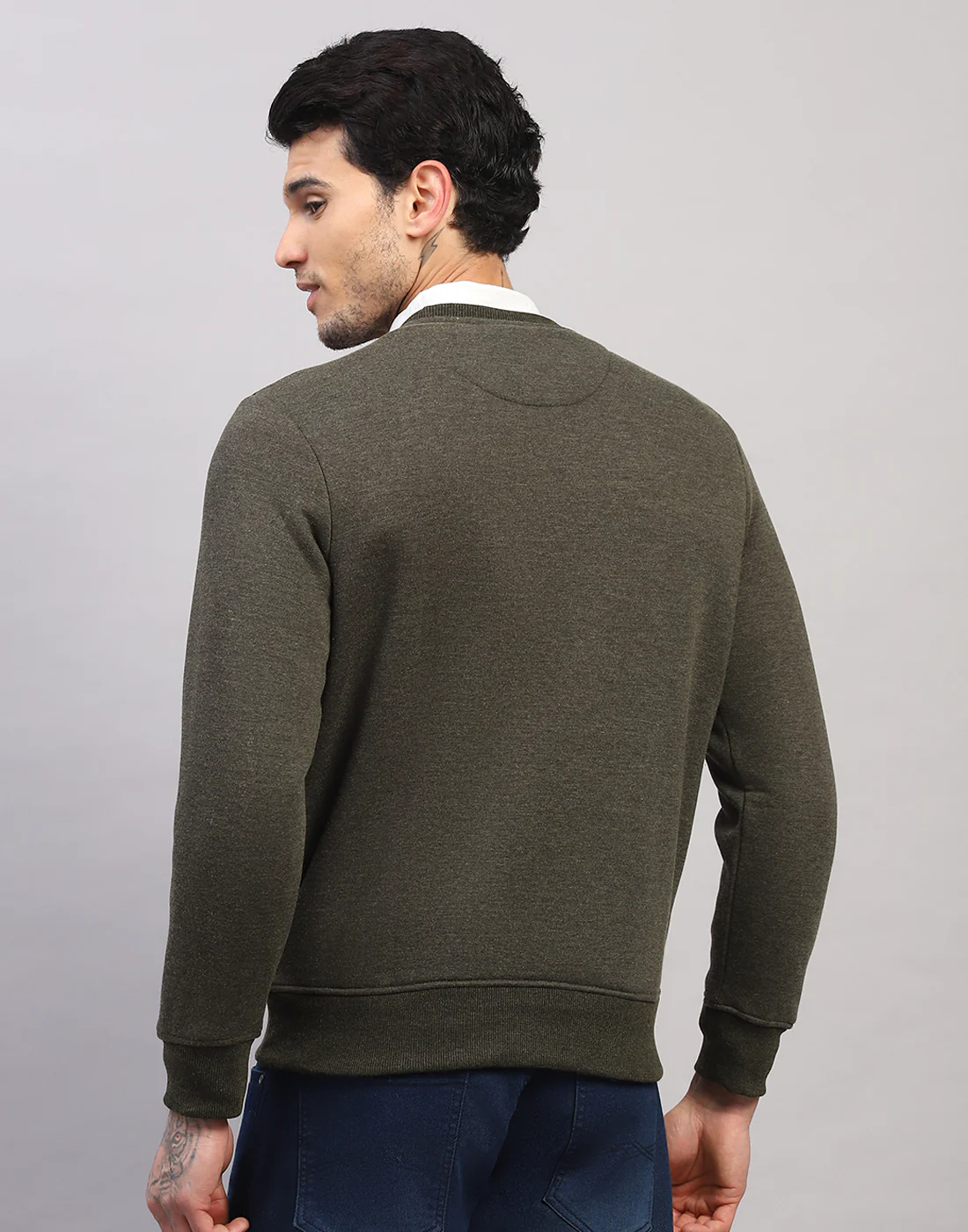Men Olive Printed Round Neck Full Sleeve Sweatshirt - Image 4