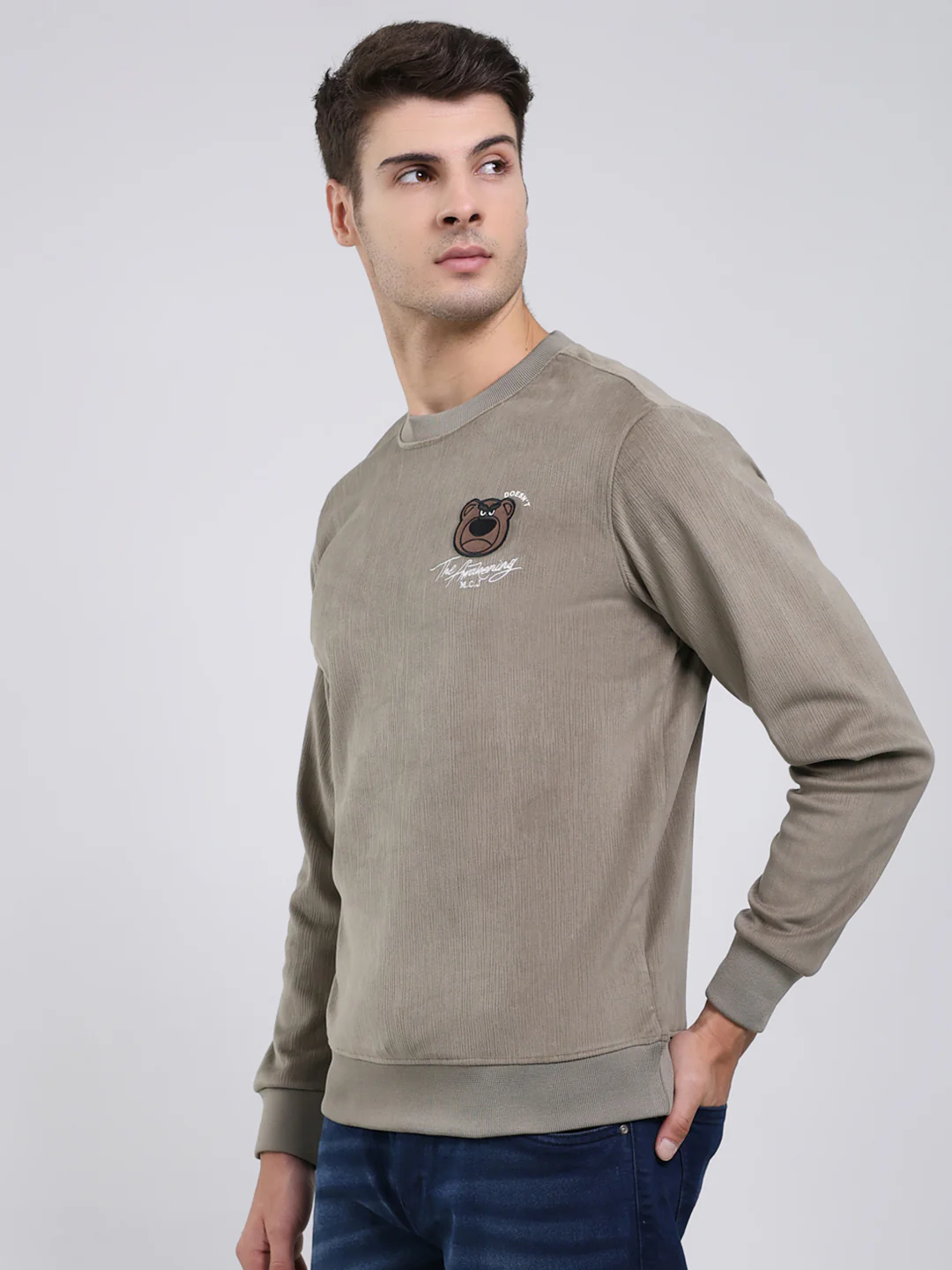 Men Olive Printed Round Neck Full Sleeve Sweatshirt - Image 3