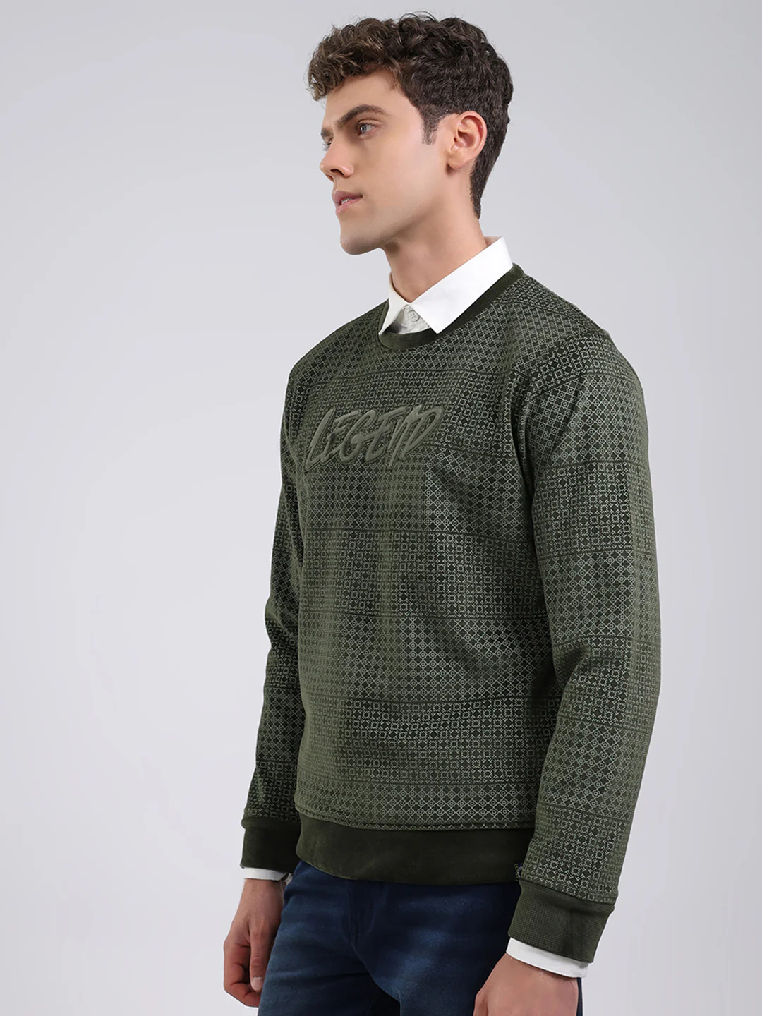 Men Olive Printed Round Neck Full Sleeve Sweatshirt - Image 3
