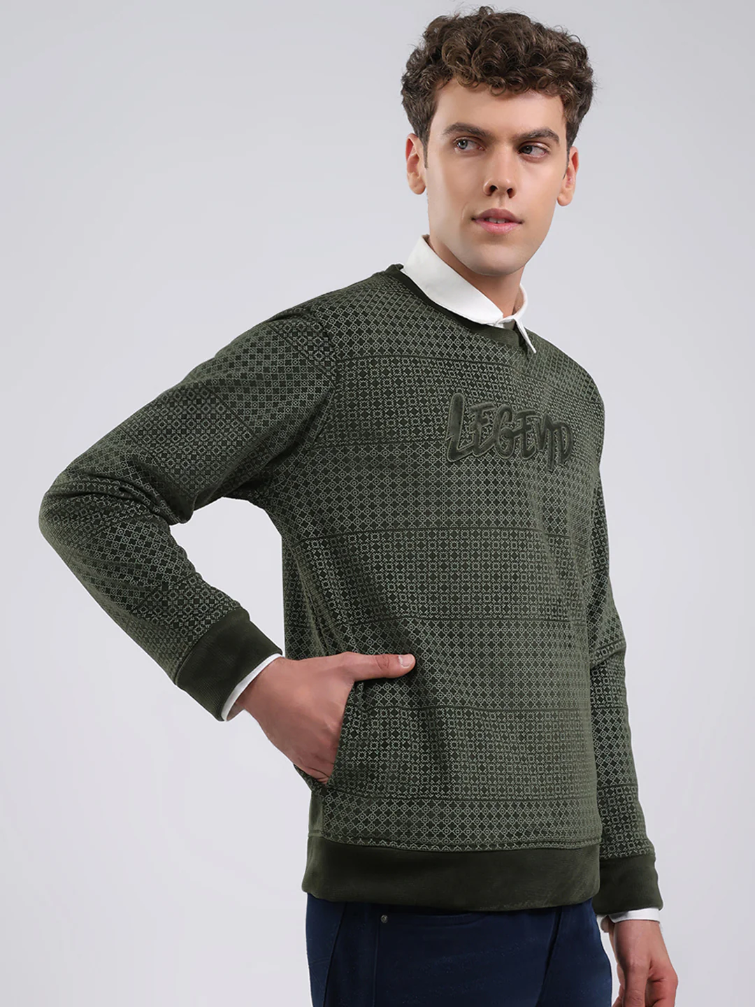 Men Olive Printed Round Neck Full Sleeve Sweatshirt - Image 4