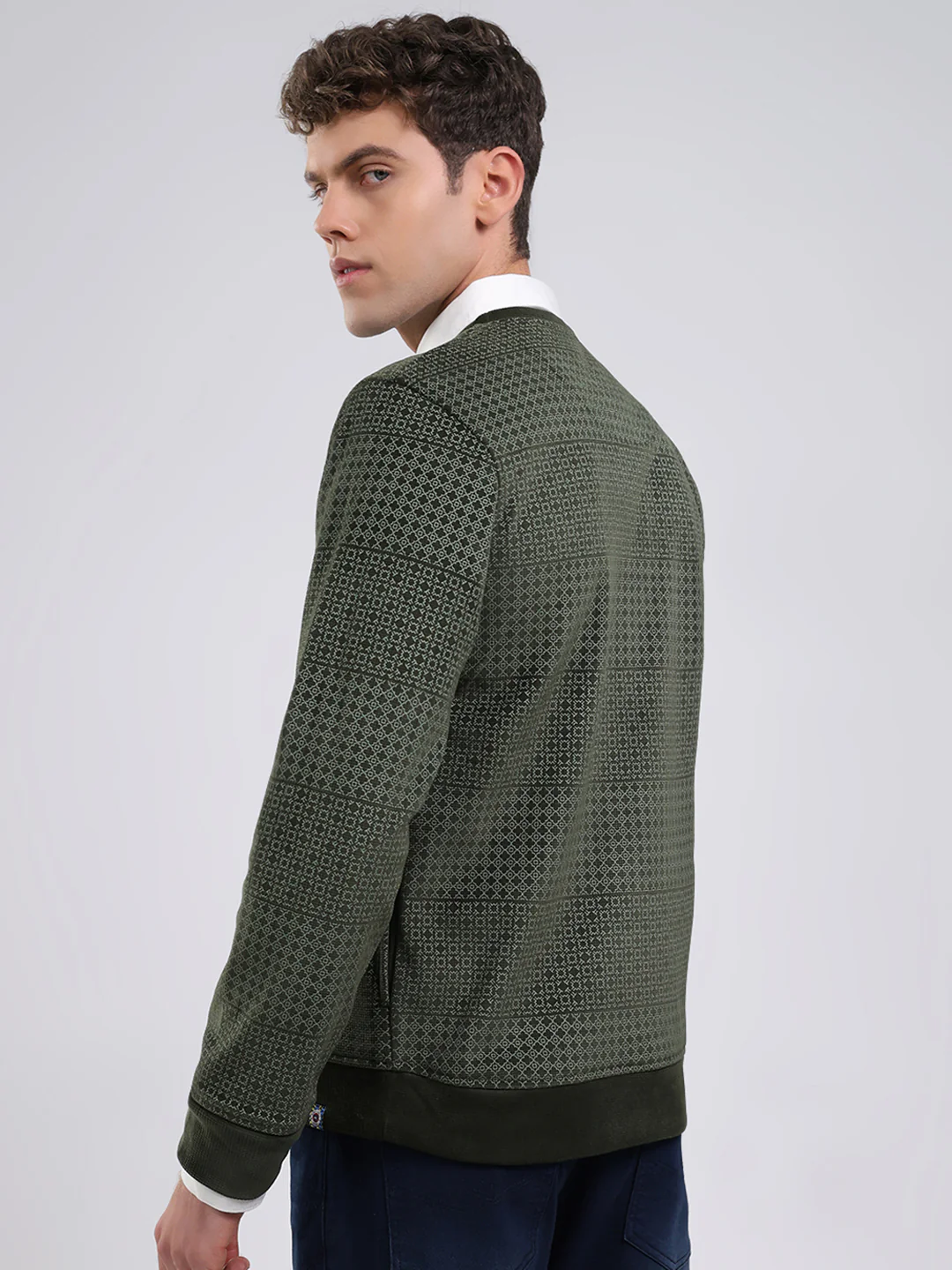 Men Olive Printed Round Neck Full Sleeve Sweatshirt - Image 5