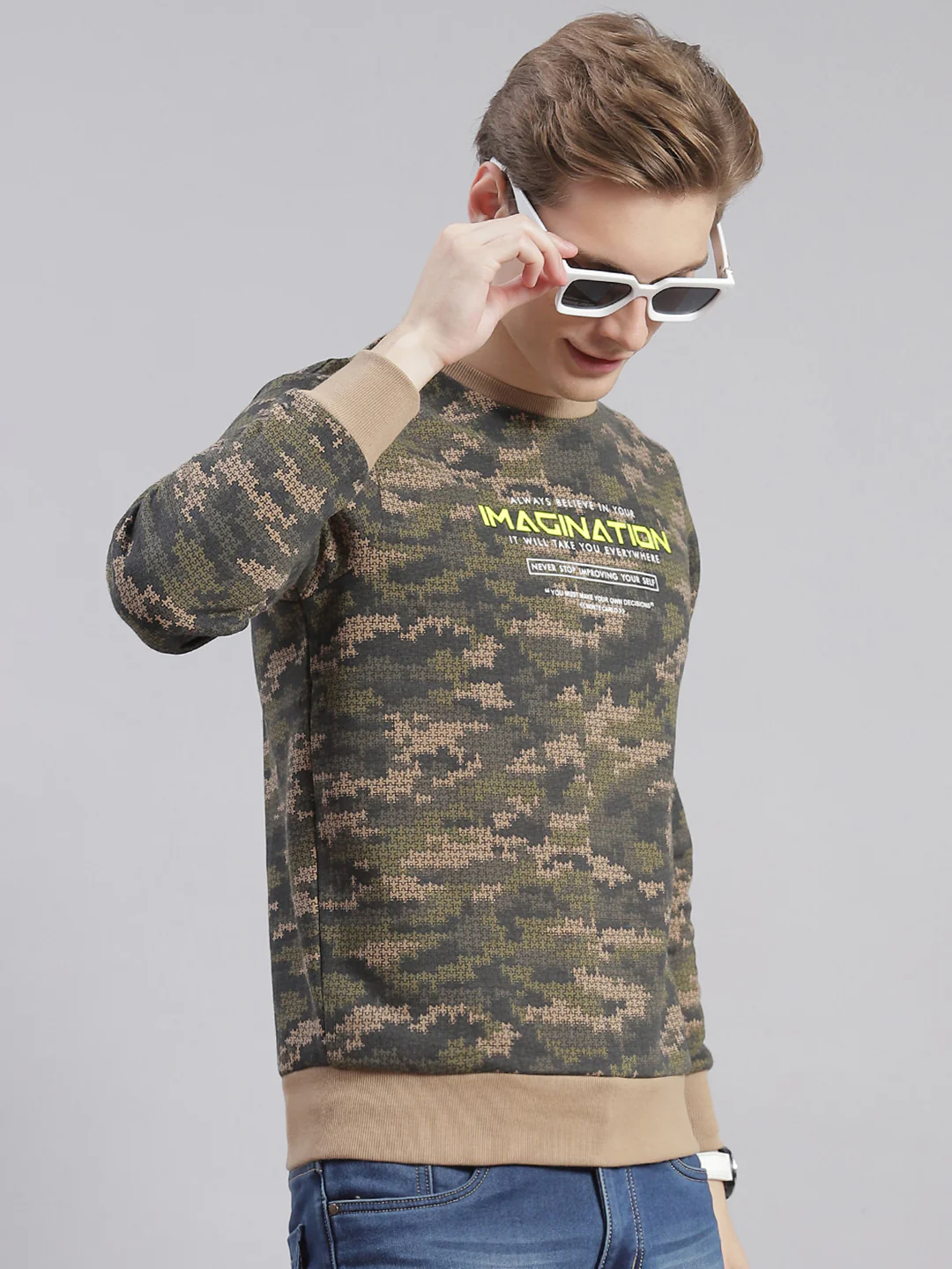Men Olive Printed Round Neck Full Sleeve Sweatshirts - Image 6