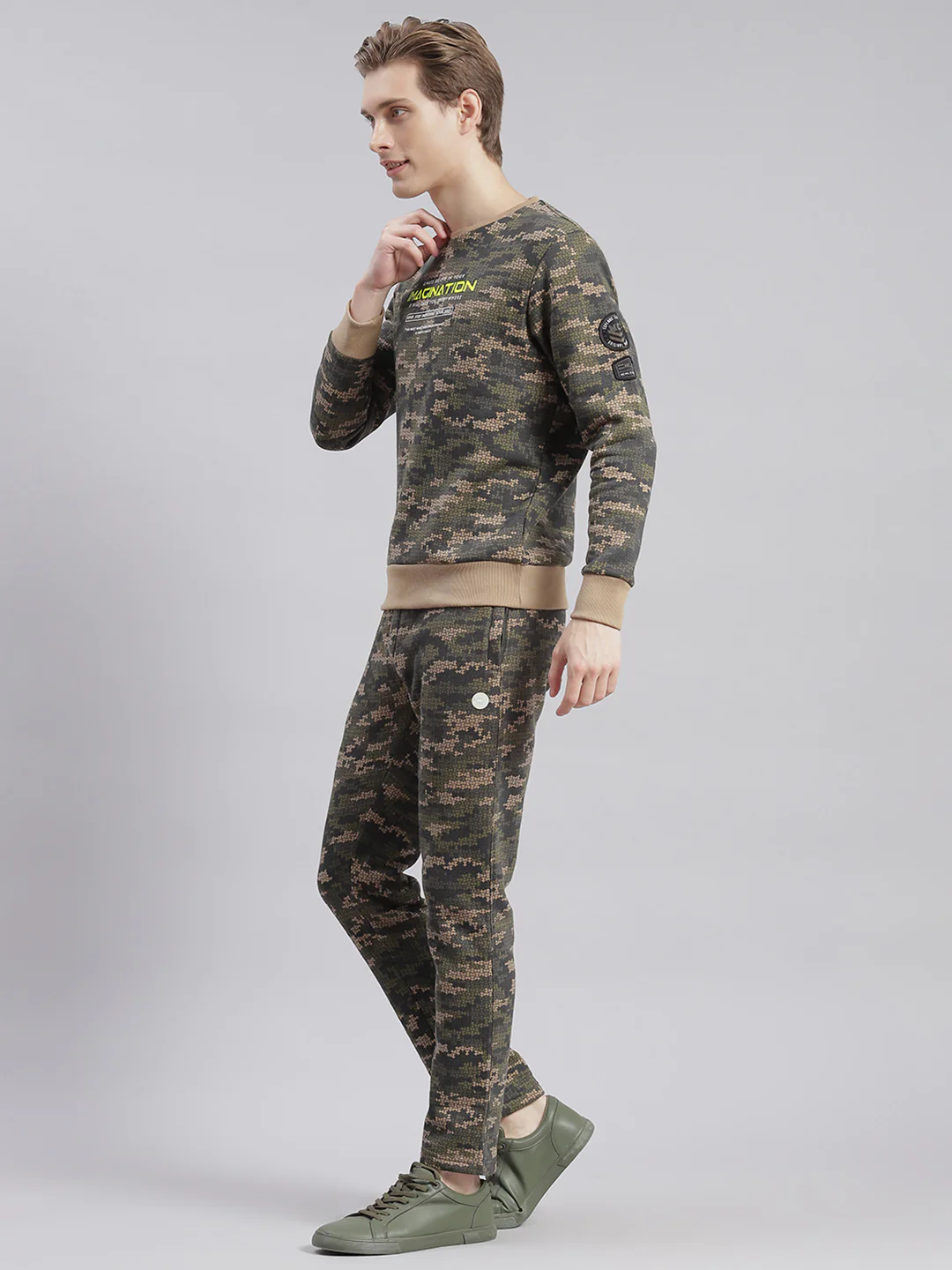 Men Olive Printed Round Neck Full Sleeve Tracksuits - Image 5