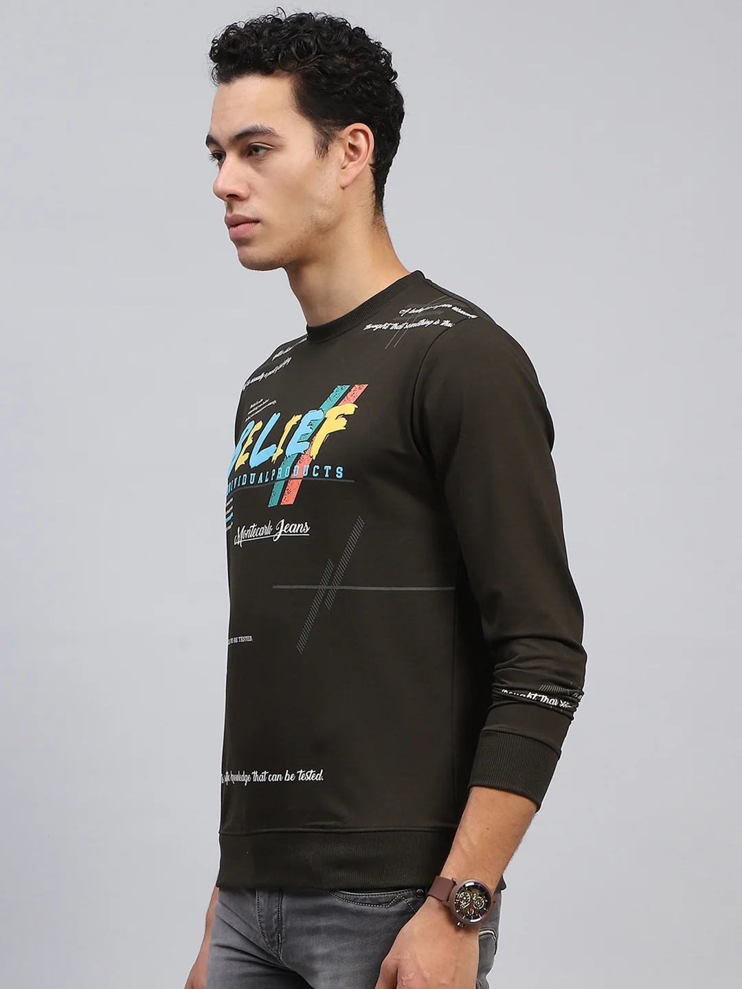 Men Olive Printed Round Neck Full Sleeve Winter T-Shirt - Image 3