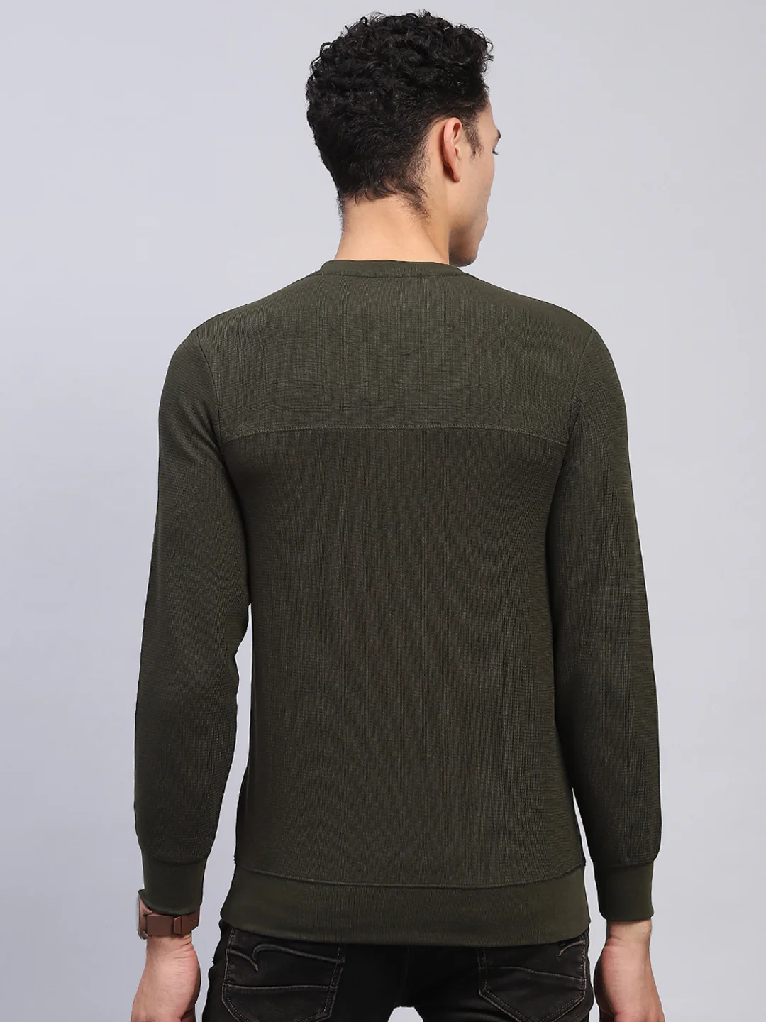Men Olive Printed Round Neck Full Sleeve Winter T-Shirt - Image 5