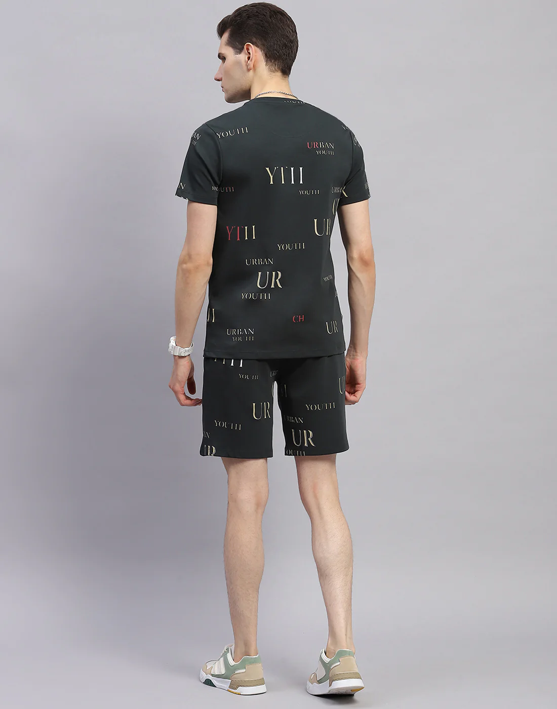 Men Olive Printed Round Neck Half Sleeve Bermuda Set - Image 5