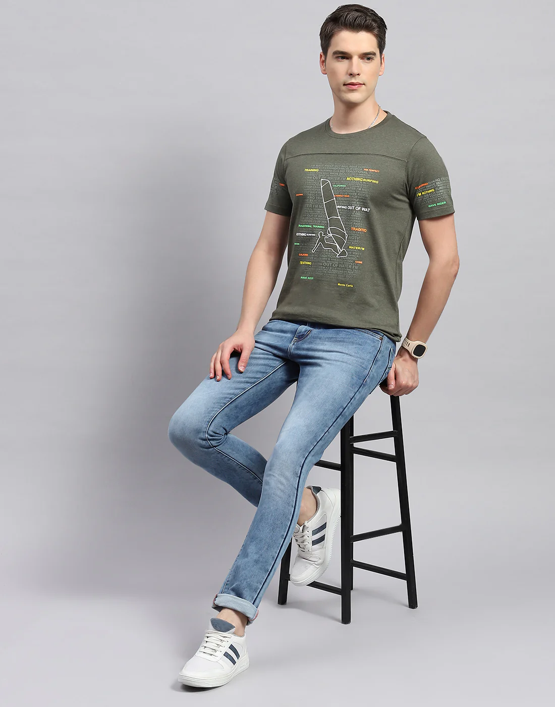 Men Olive Printed Round Neck Half Sleeve T-Shirt - Image 2