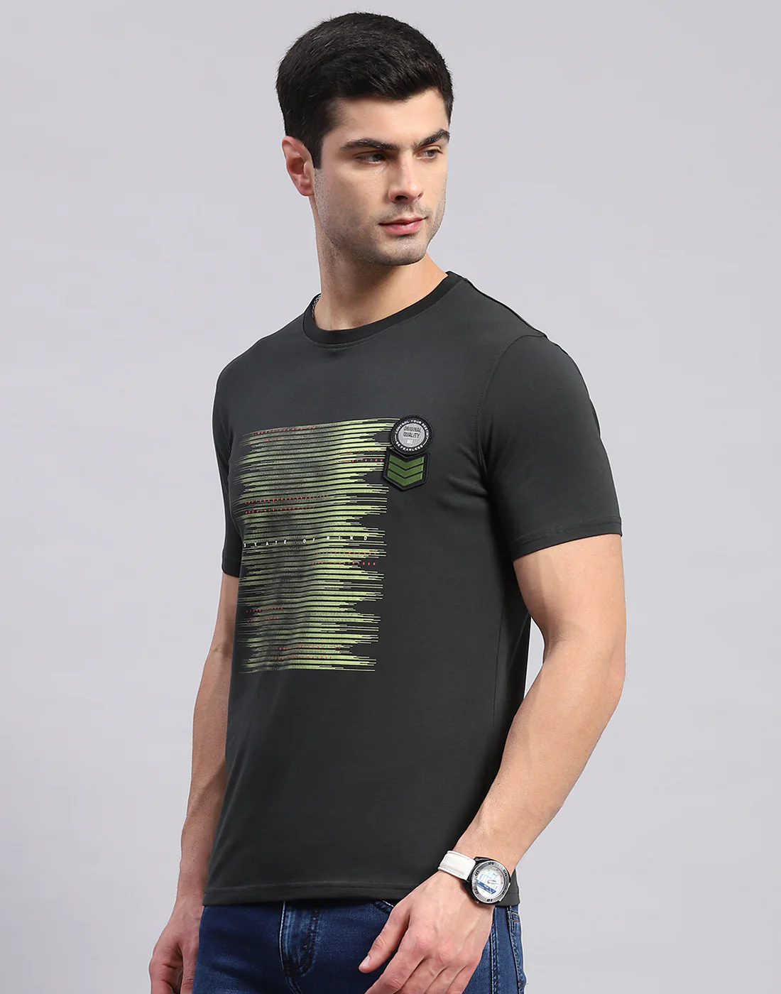 Men Olive Printed Round Neck Half Sleeve T-Shirt - Image 3
