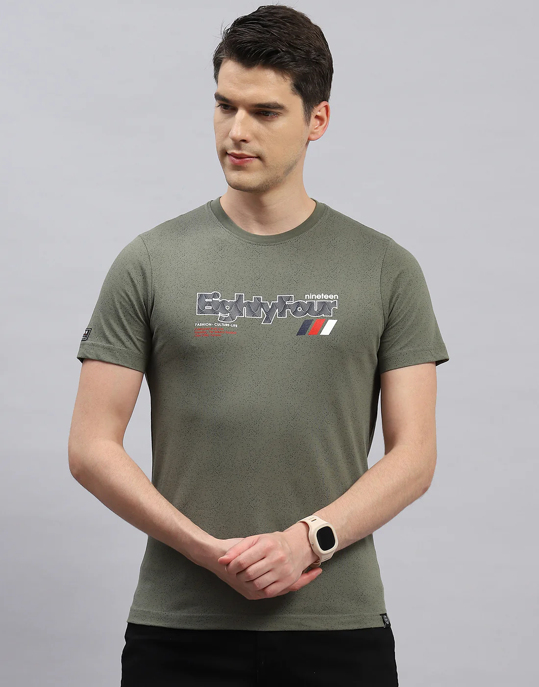 Men Olive Printed Round Neck Half Sleeve T-Shirt