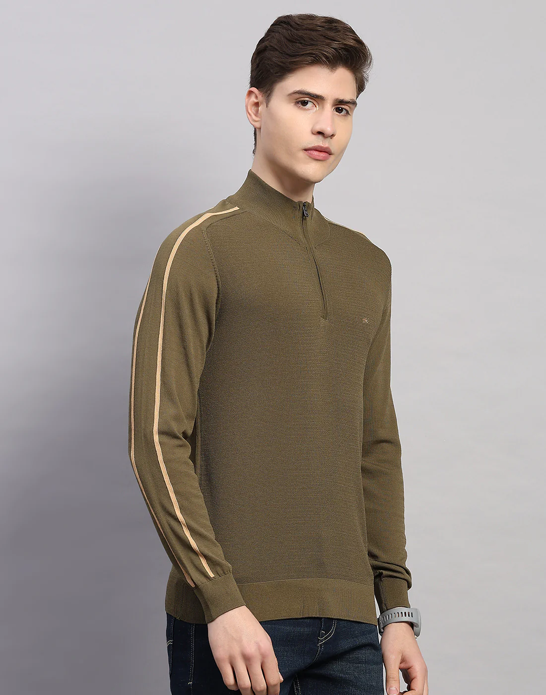 Men Olive Self Design Collar Full Sleeve Winter T-Shirt - Image 3