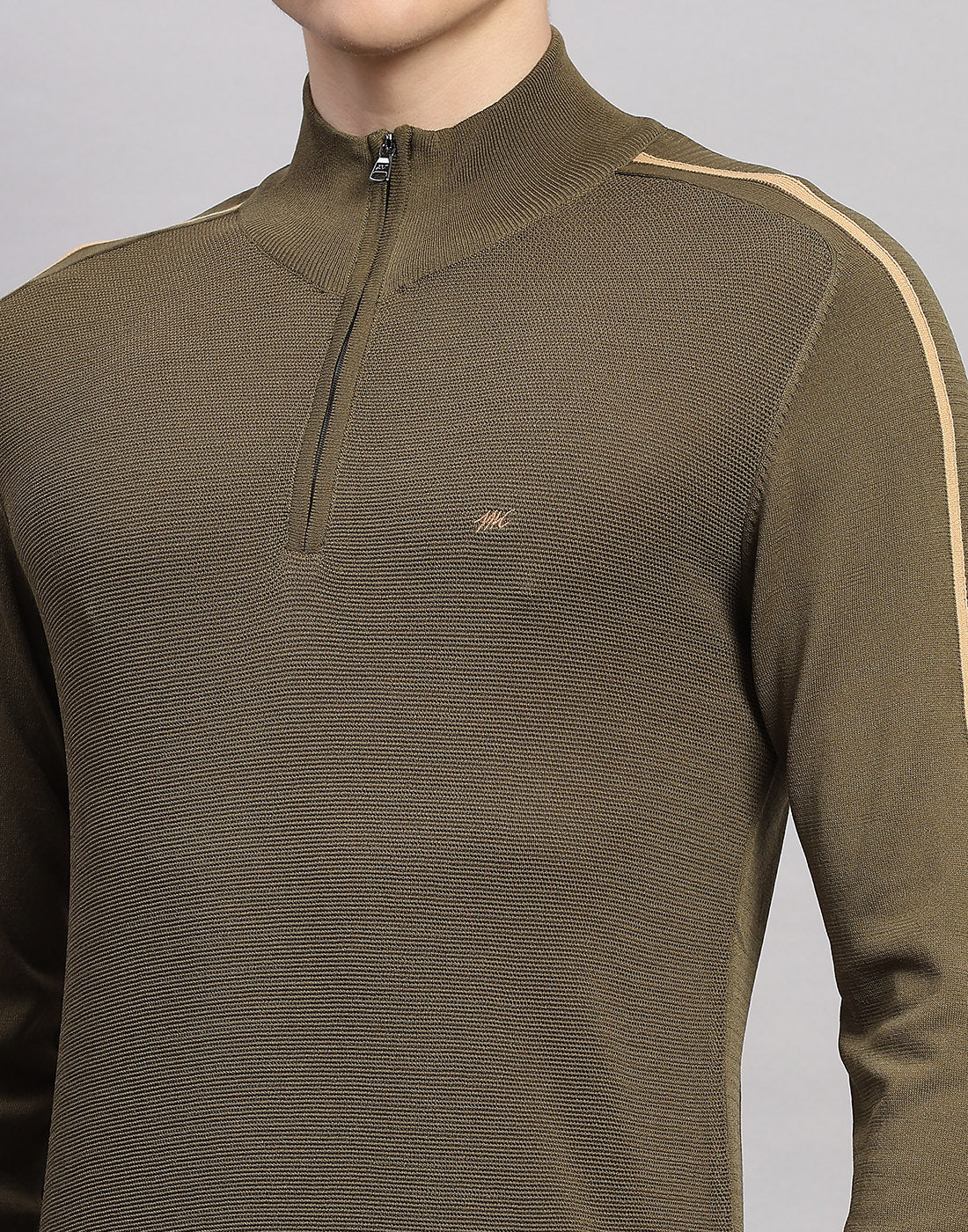Men Olive Self Design Collar Full Sleeve Winter T-Shirt - Image 6