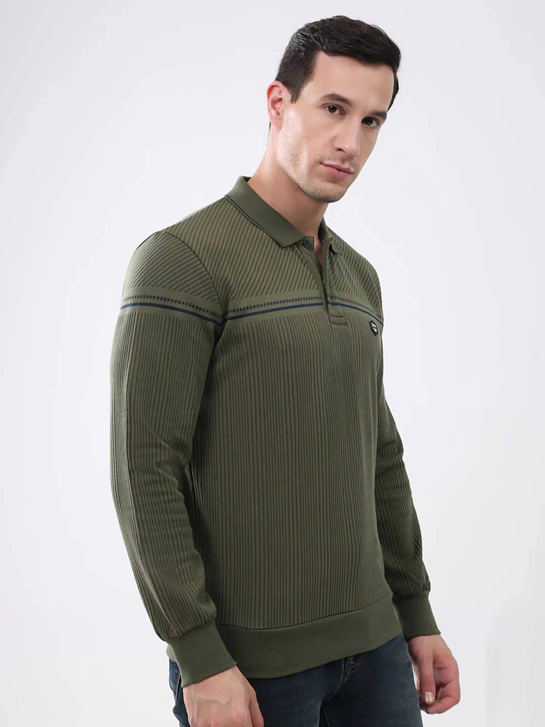 Men Olive Self Design Collar Full Sleeve Winter T-Shirt - Image 4