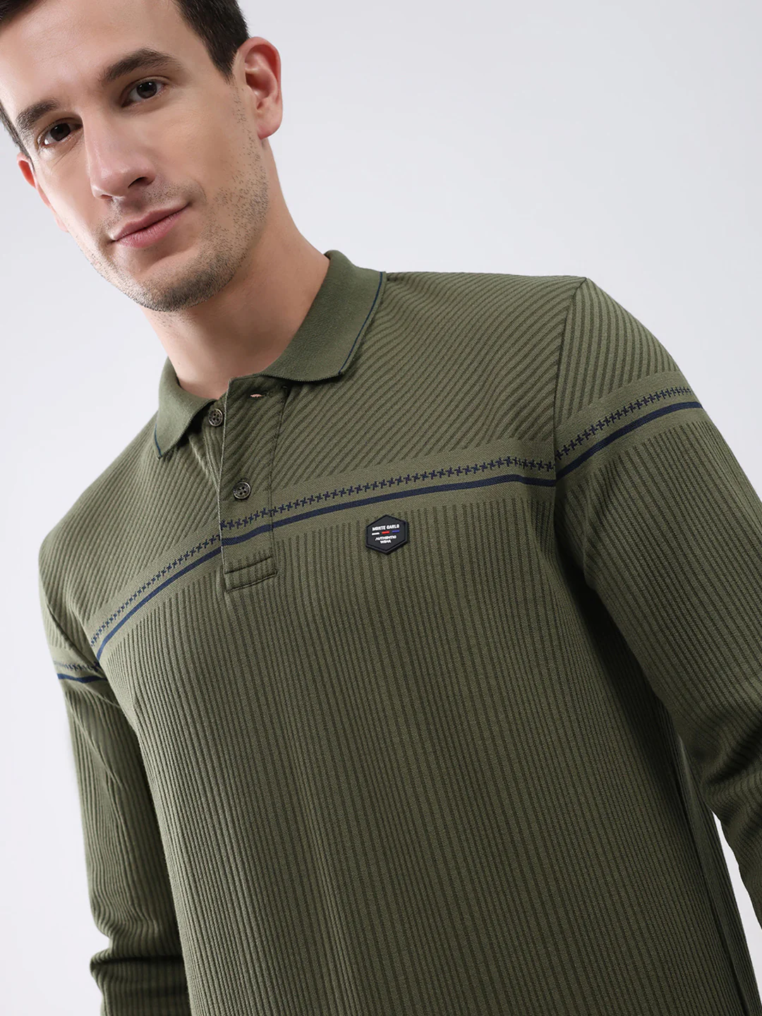 Men Olive Self Design Collar Full Sleeve Winter T-Shirt - Image 6