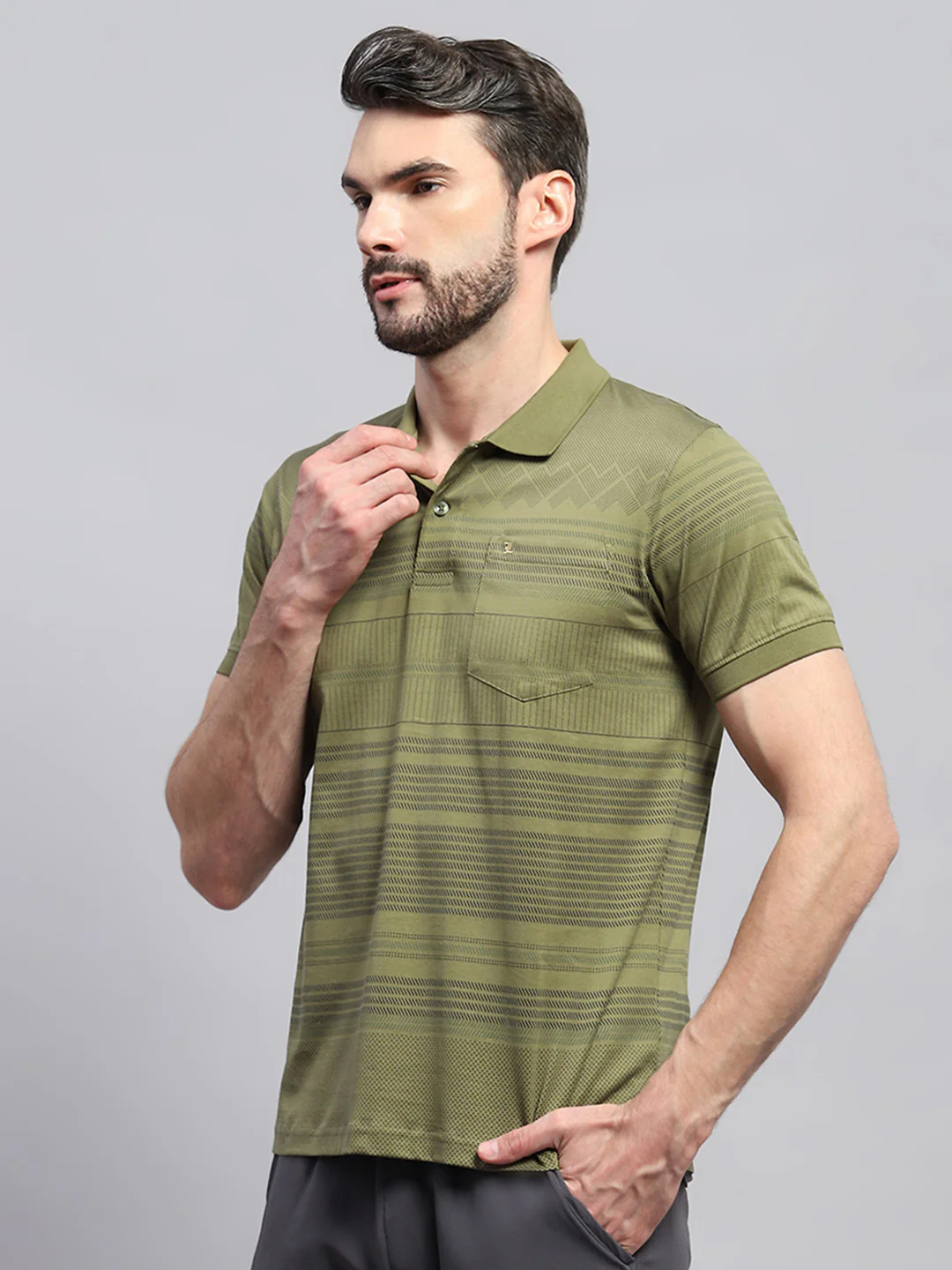 Men Olive Self Design Collar Half Sleeve T-Shirt - Image 3