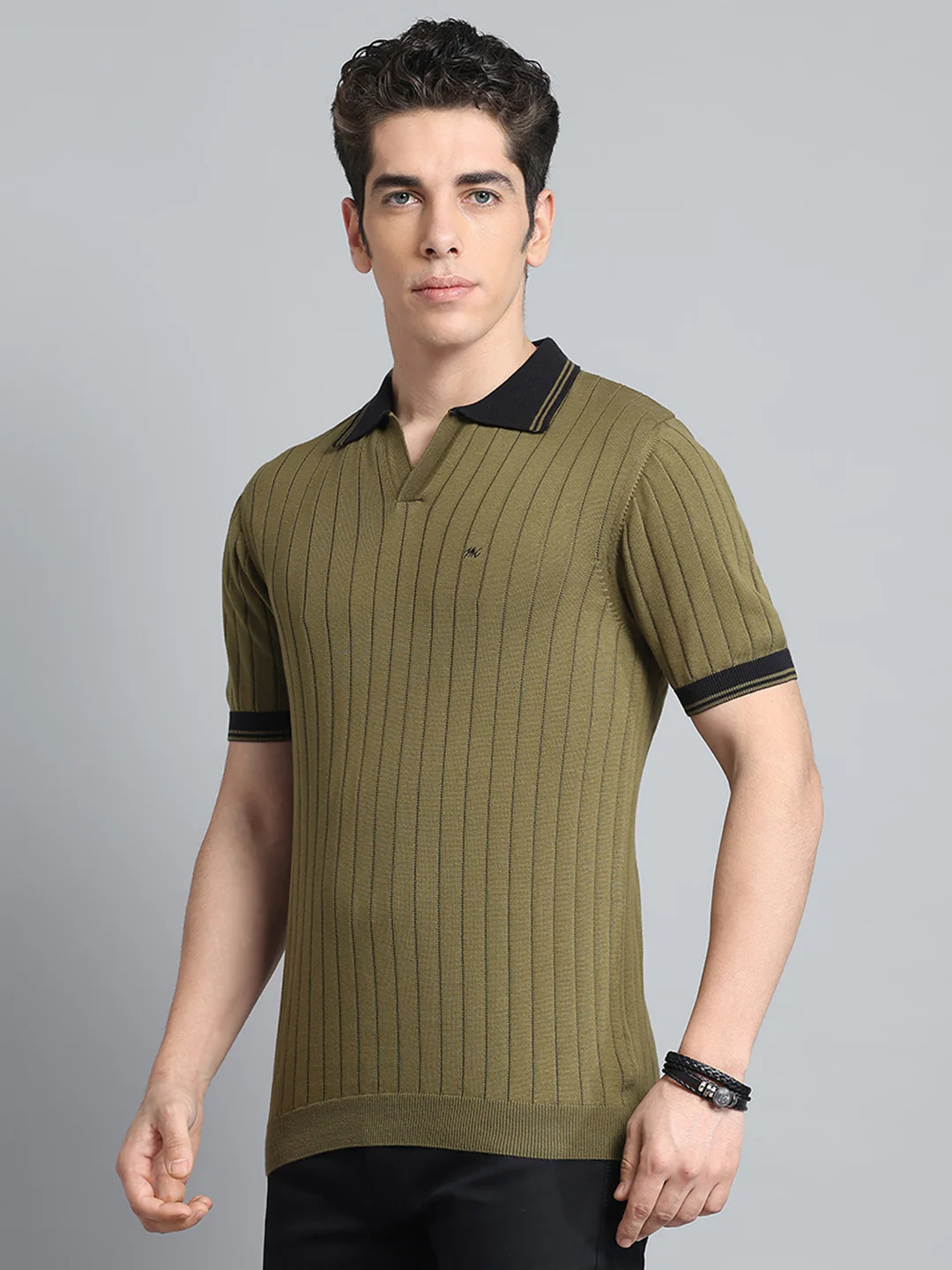 Men Olive Self Design Collar Half Sleeve T-Shirt - Image 3