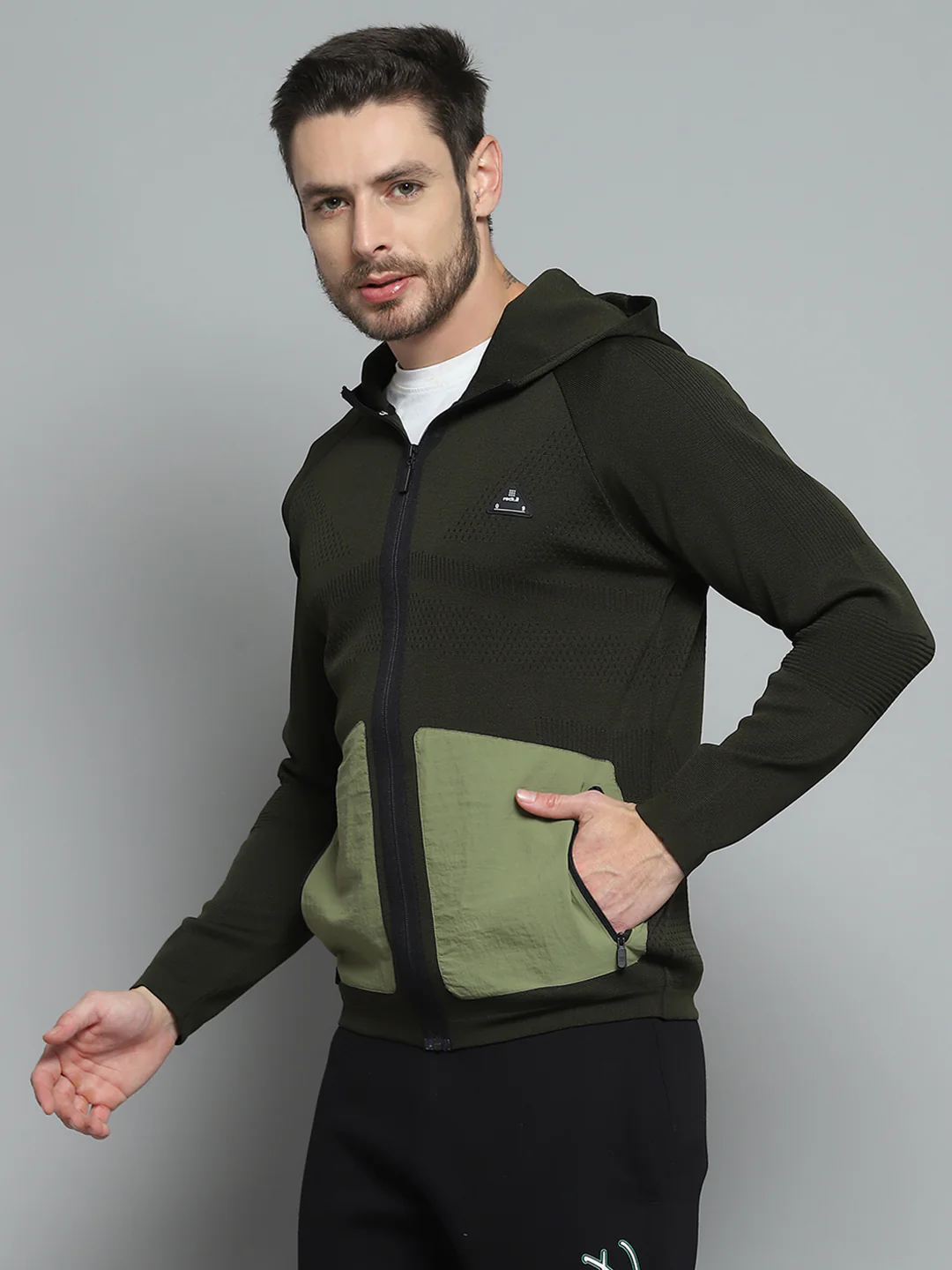 Rock.it Men Olive Self Design Hooded Full Sleeve Pullover - Image 3