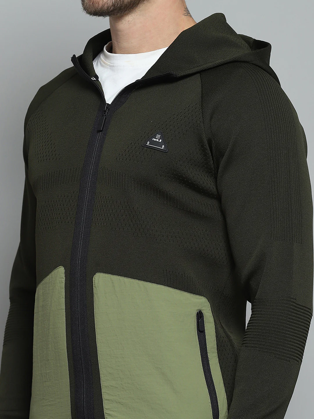 Rock.it Men Olive Self Design Hooded Full Sleeve Pullover - Image 6