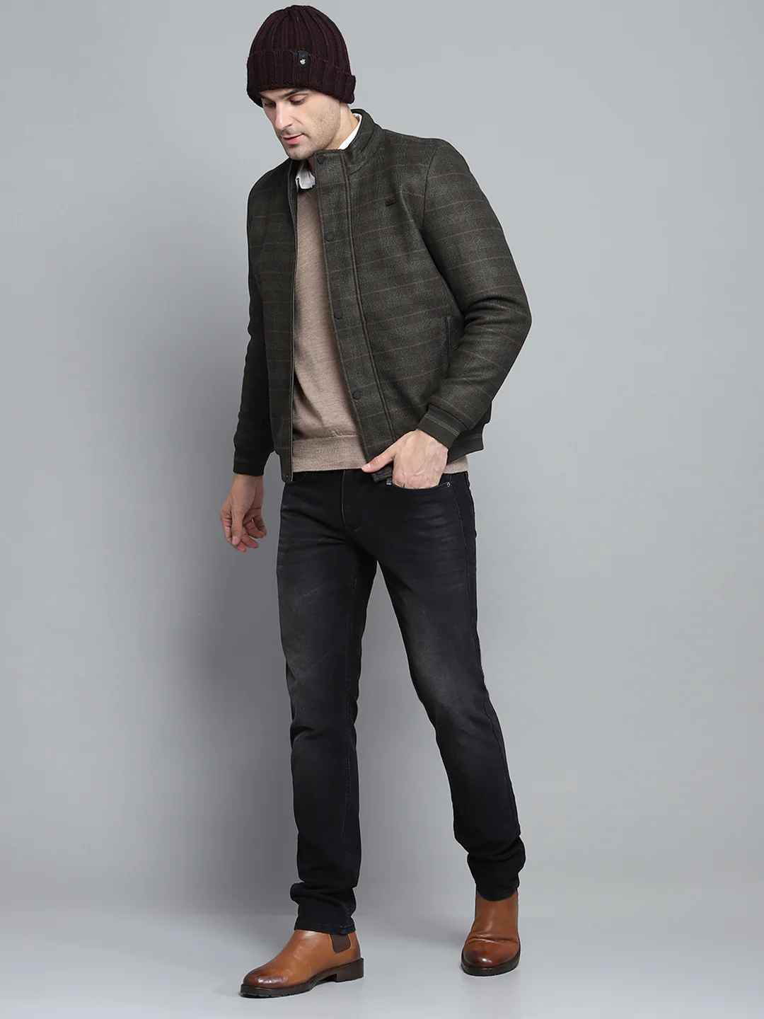 Men Olive Self Design Mock Neck Full Sleeve Jacket - Image 2