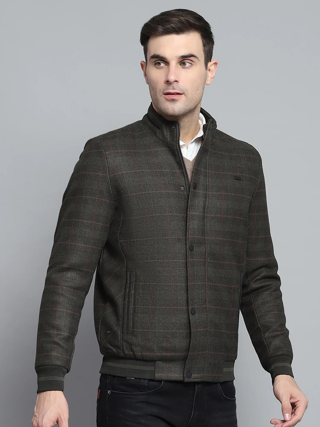 Men Olive Self Design Mock Neck Full Sleeve Jacket - Image 4