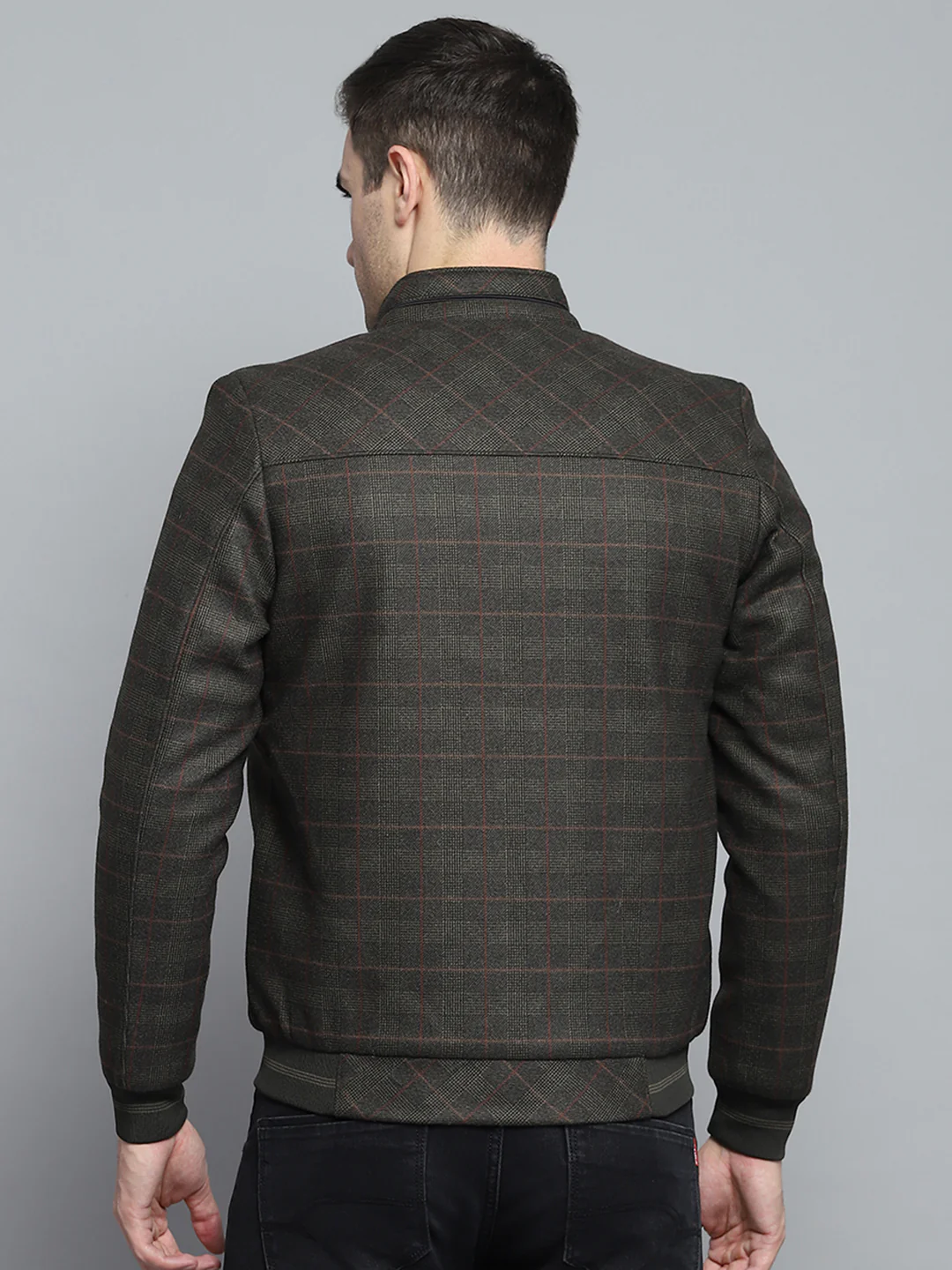 Men Olive Self Design Mock Neck Full Sleeve Jacket - Image 5