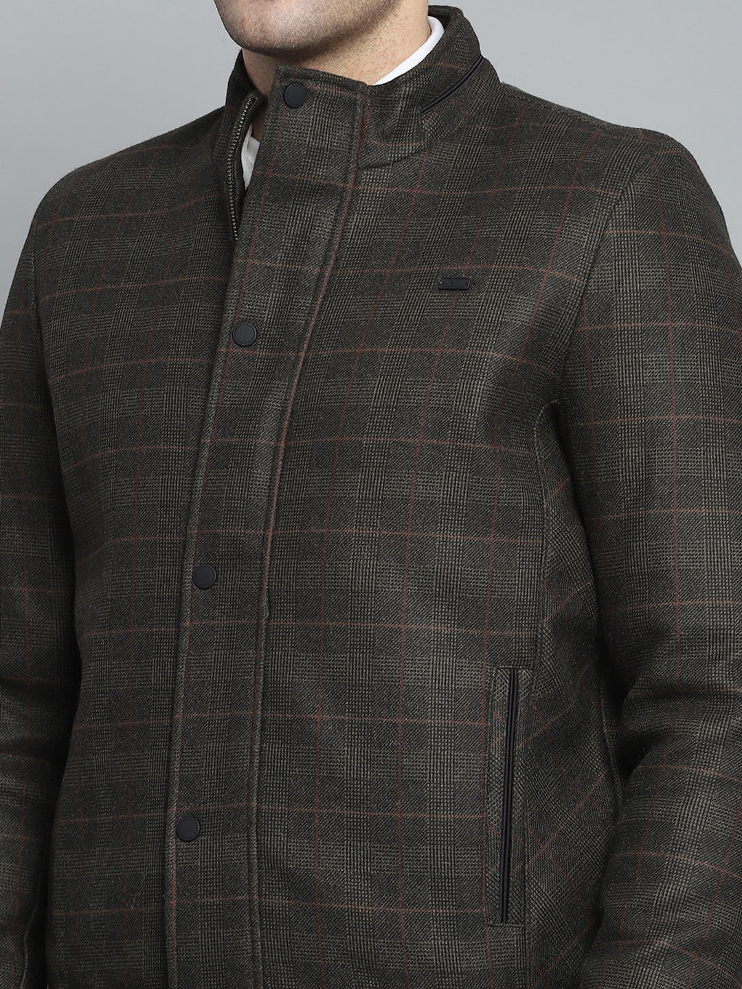 Men Olive Self Design Mock Neck Full Sleeve Jacket - Image 6