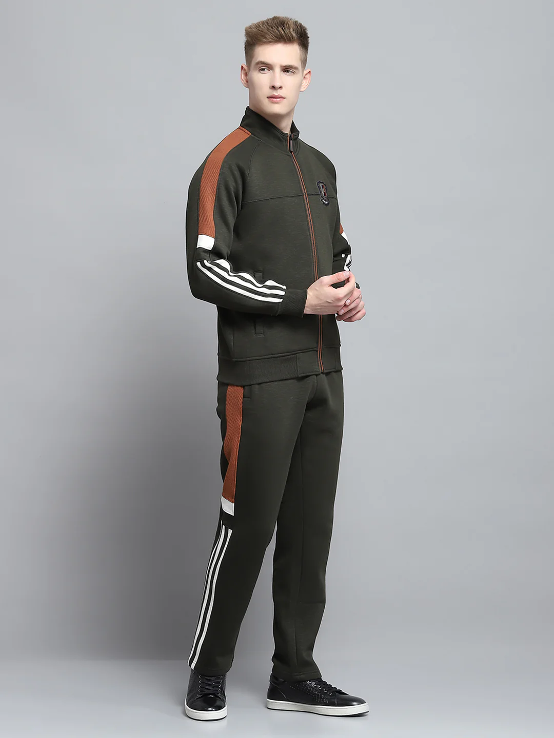 Men Olive Self Design Mock Neck Full Sleeve Winter Tracksuit - Image 4