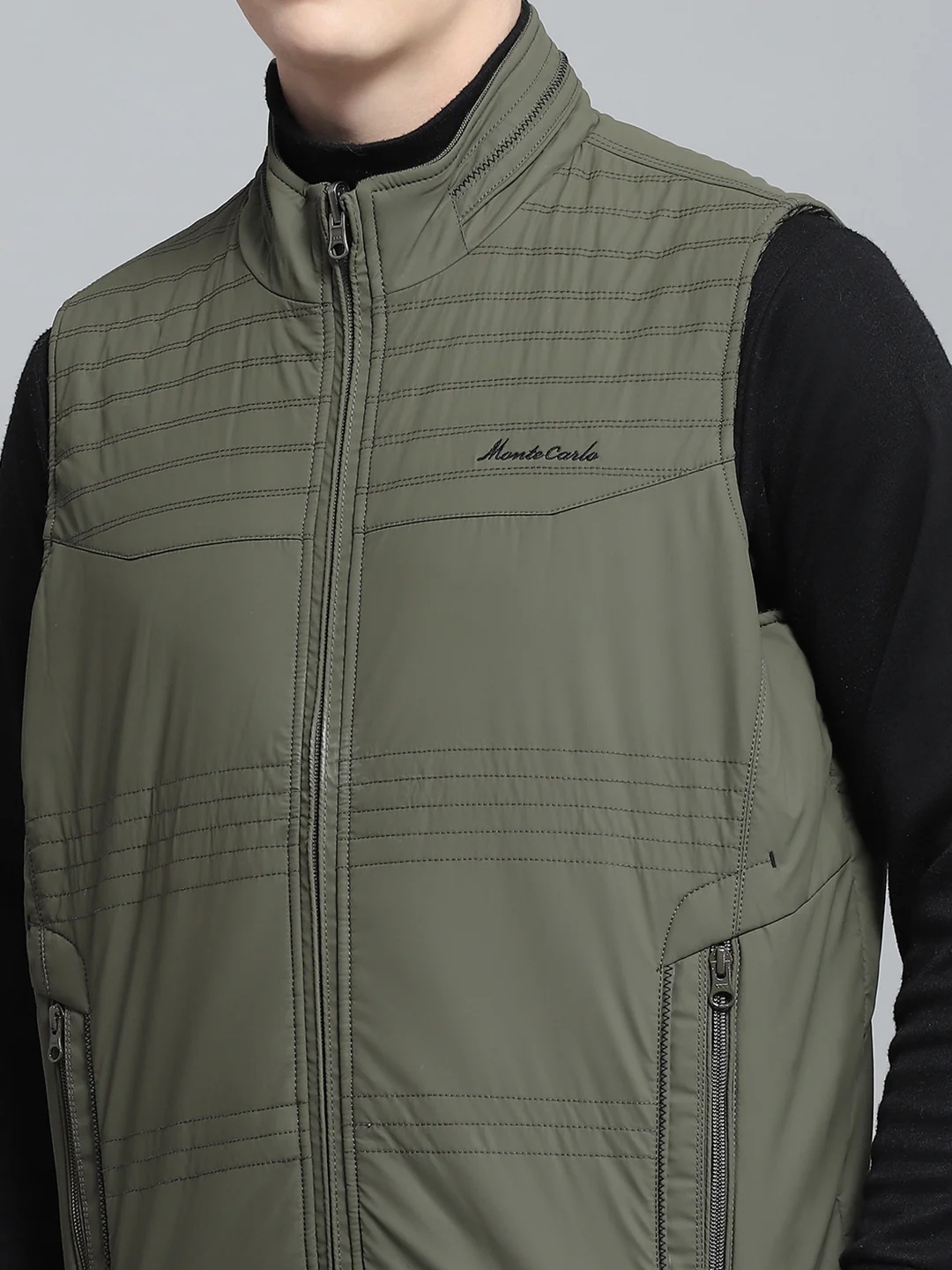 Men Olive Self Design Mock Neck Sleeveless Reversible Jacket - Image 10