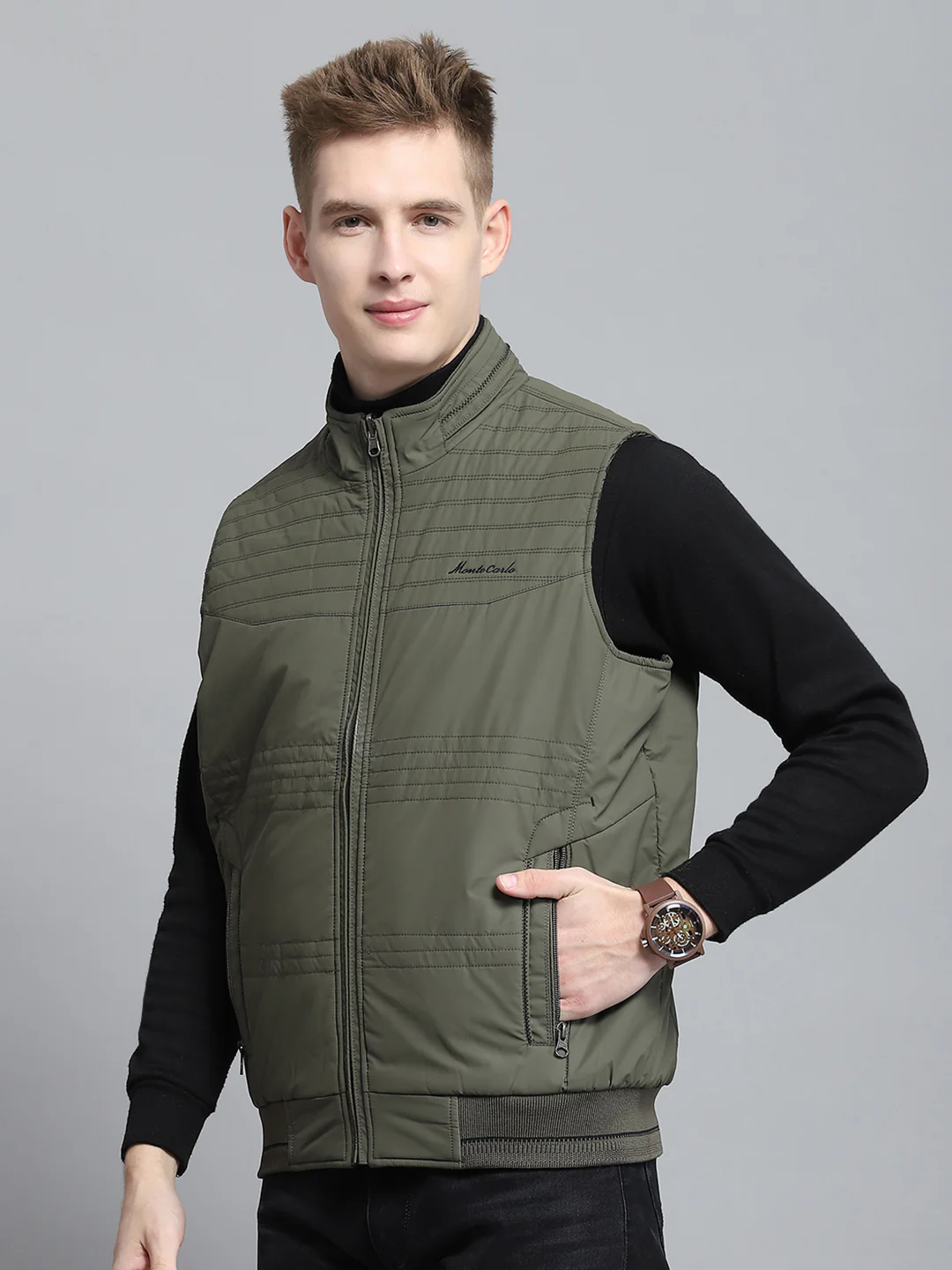 Men Olive Self Design Mock Neck Sleeveless Reversible Jacket - Image 3