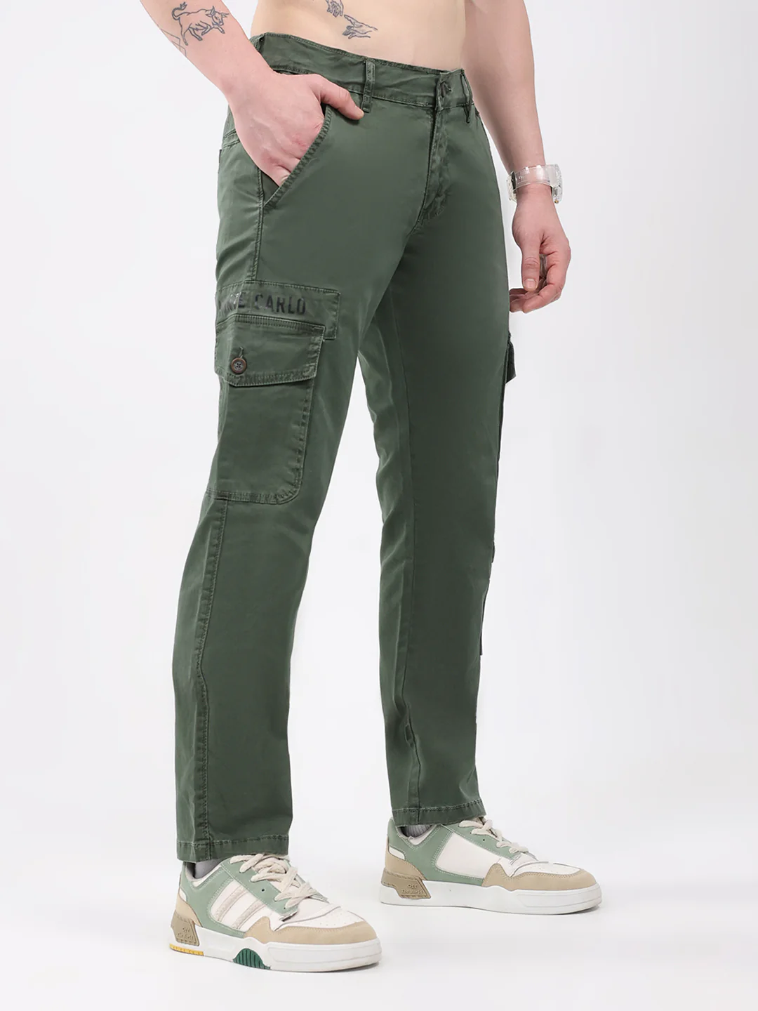 Men Olive Self Design Regular Fit Trouser - Image 4