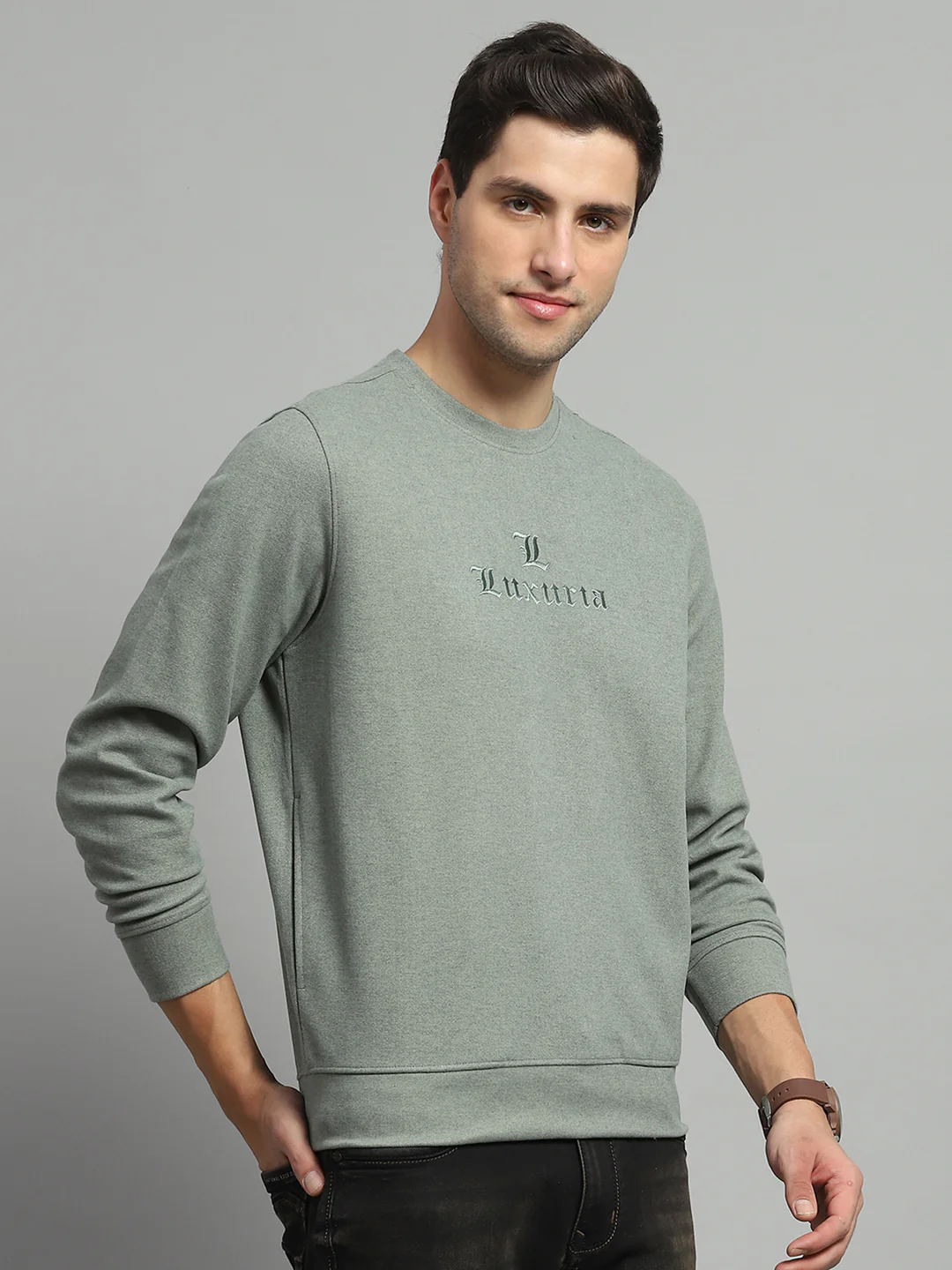 Men Olive Self Design Round Neck Full Sleeve Sweatshirt - Image 4