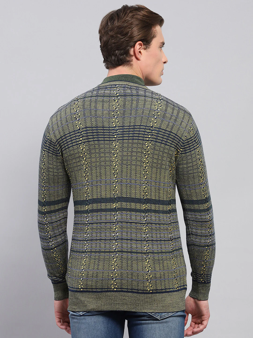 Men Olive Self Design V Neck Full Sleeve Pullover - Image 5