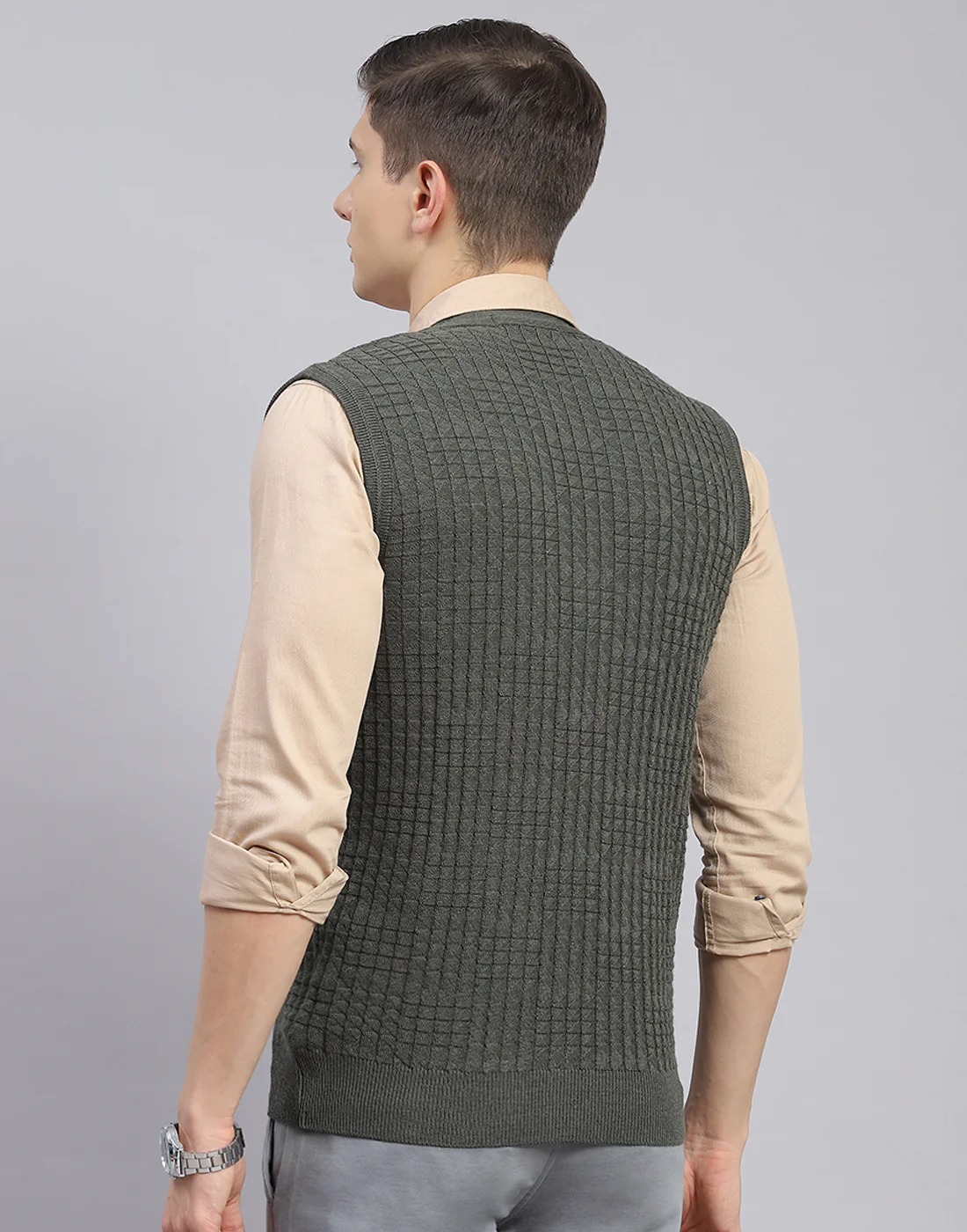 Men Olive Self Design V Neck Sleeveless Sweater - Image 6