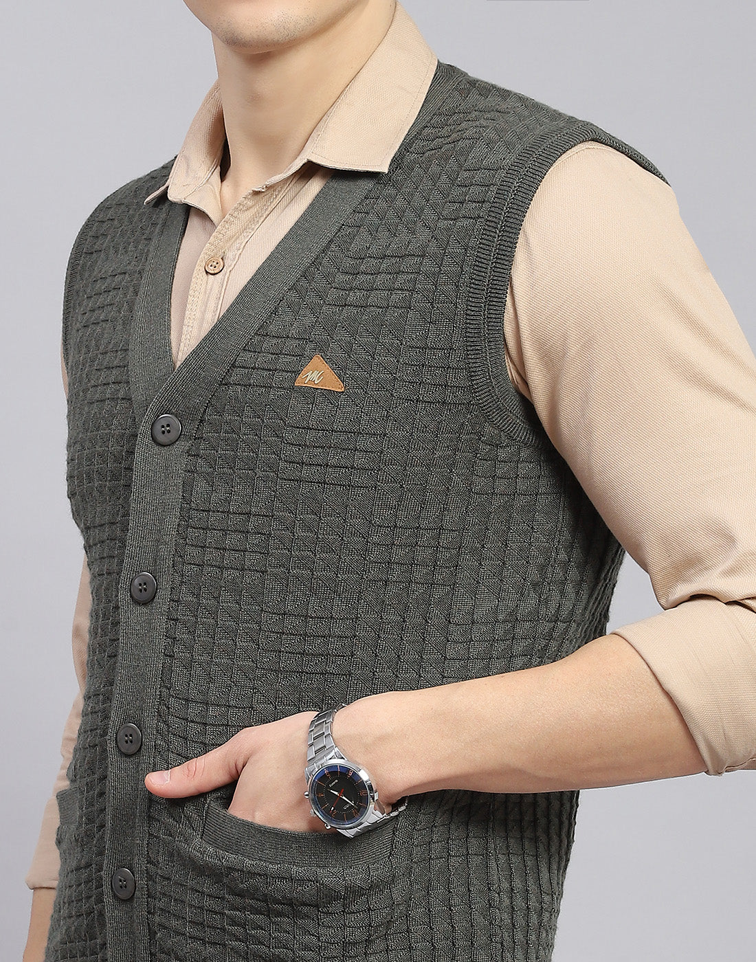 Men Olive Self Design V Neck Sleeveless Sweater - Image 7
