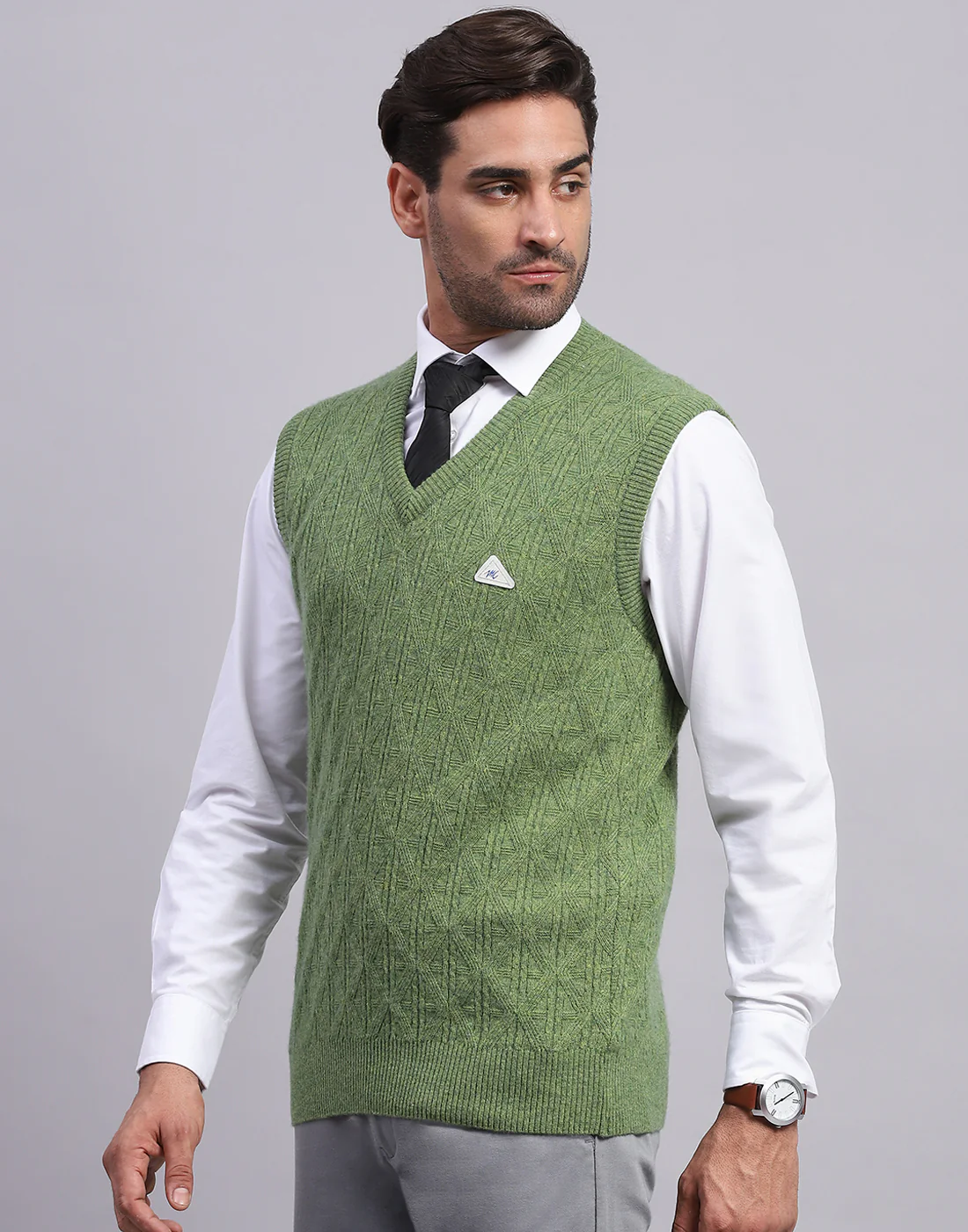 Men Olive Self Design V Neck Sleeveless Sweater - Image 3