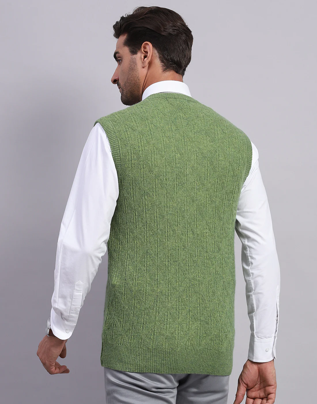 Men Olive Self Design V Neck Sleeveless Sweater - Image 5