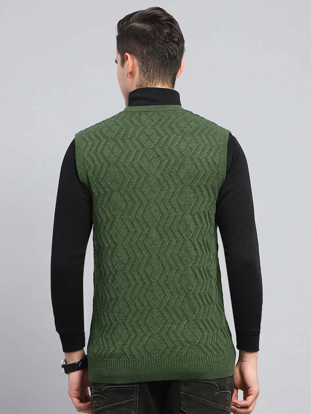 Men Olive Self Design V Neck Sleeveless Sweater - Image 5