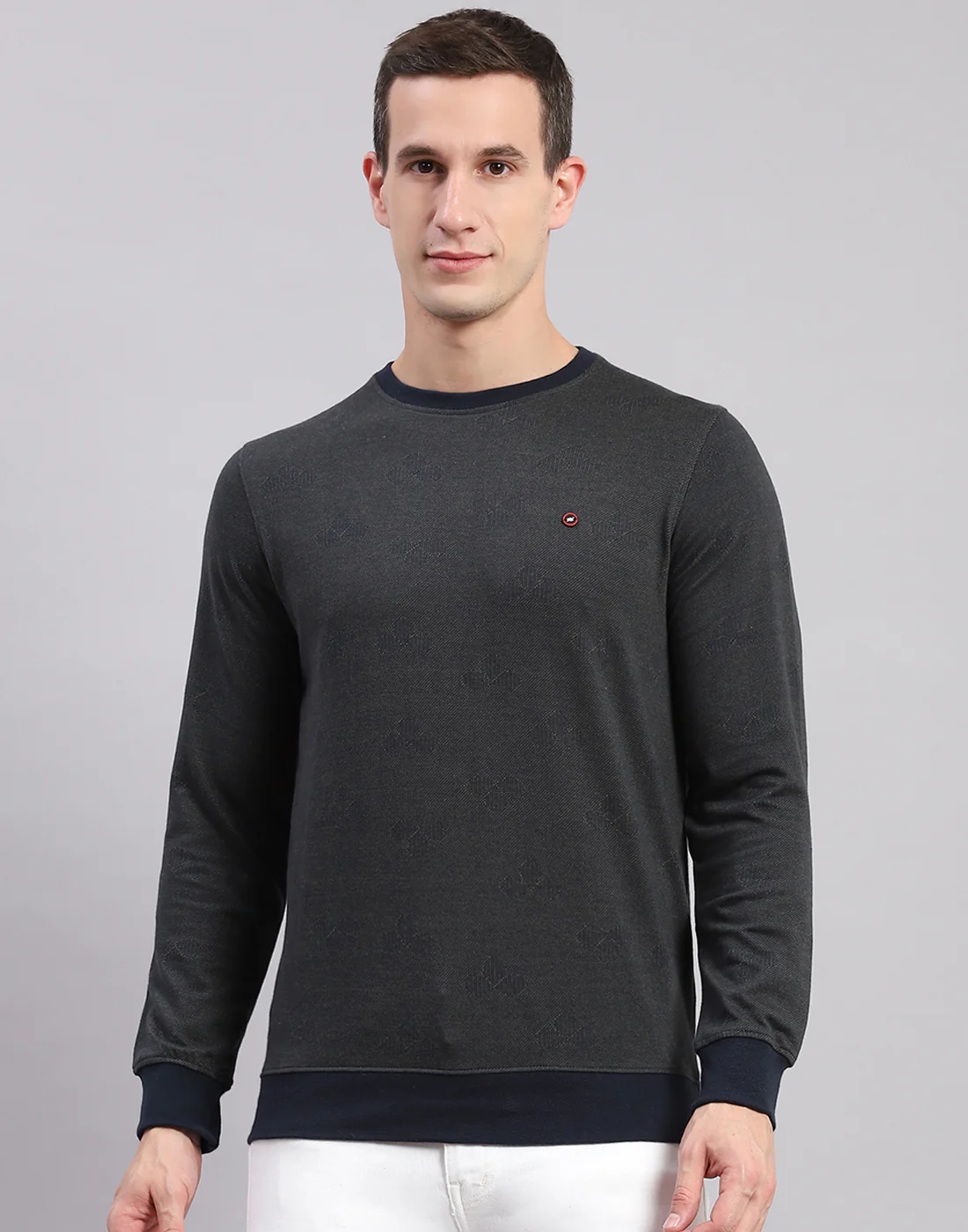 Men Olive Self Design Round Neck Full Sleeve Sweatshirts - Image 2