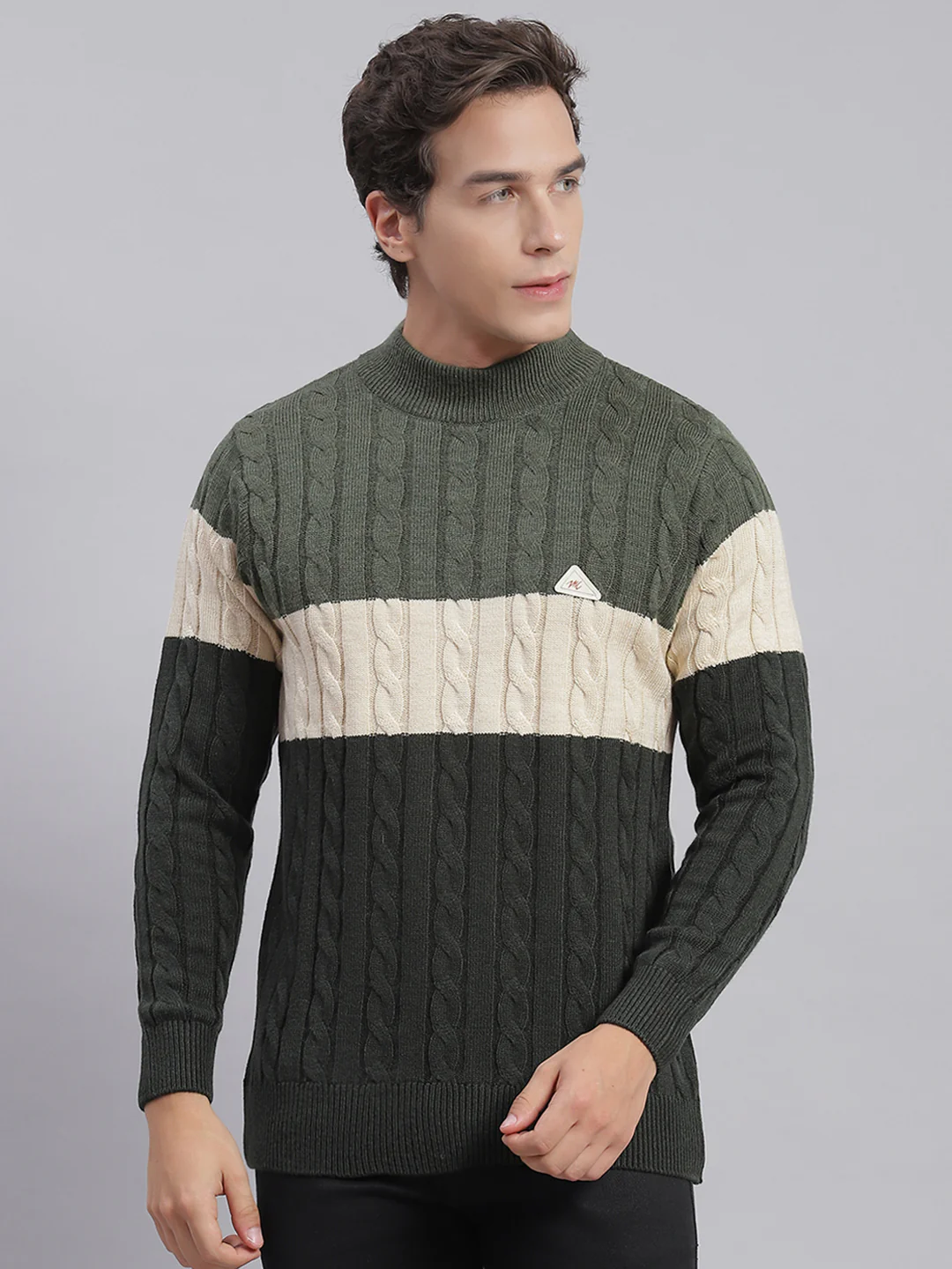 Men Olive Self Design T Neck Full Sleeve Sweaters/Pullovers - Image 2