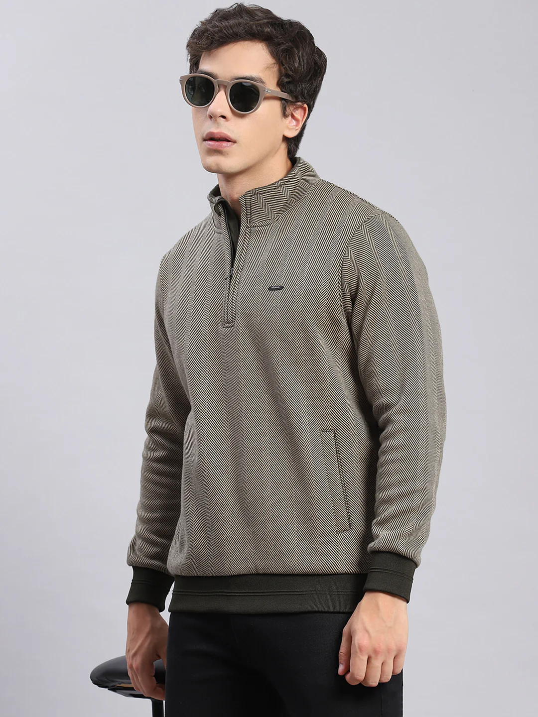 Men Olive Self Design T Neck Full Sleeve Sweatshirts - Image 2
