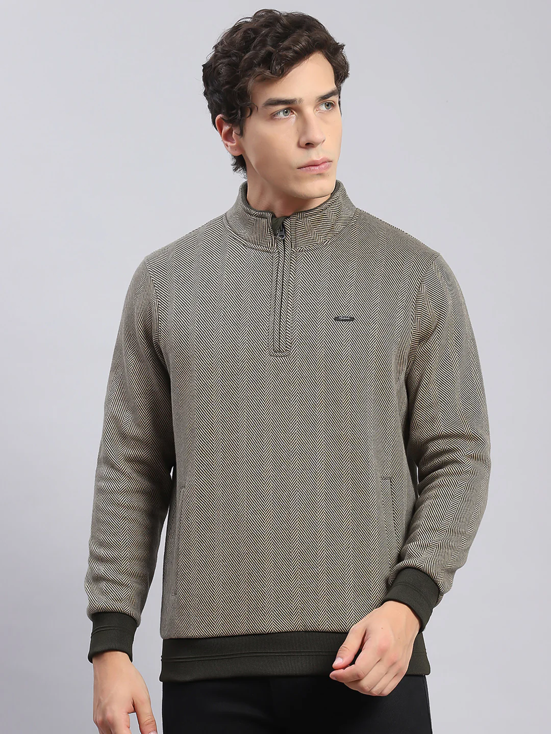 Men Olive Self Design T Neck Full Sleeve Sweatshirts - Image 3