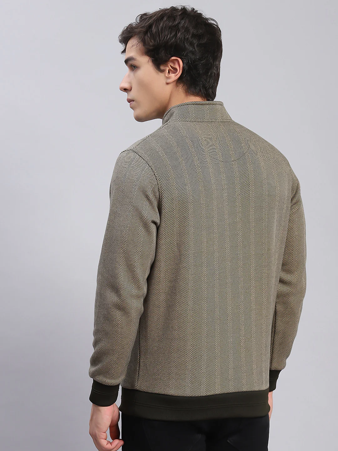 Men Olive Self Design T Neck Full Sleeve Sweatshirts - Image 6