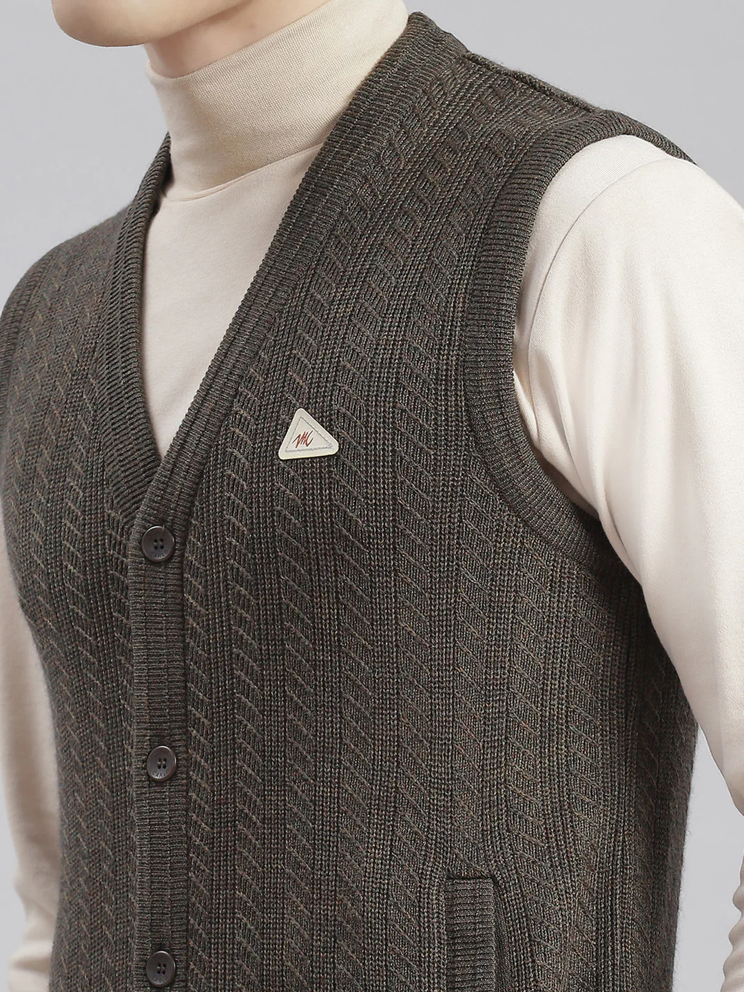 Men Olive Self Design V Neck Sleeveless Sweaters/Pullovers - Image 6