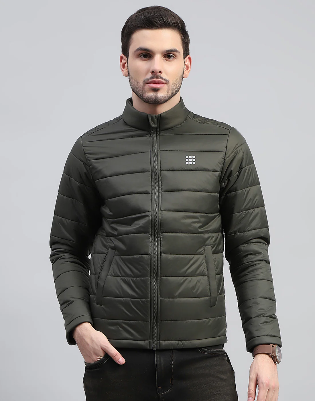 Rock.it Men Olive Solid Band Collar Full Sleeve Jacket - Image 4