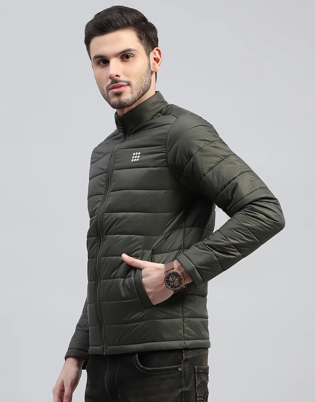 Rock.it Men Olive Solid Band Collar Full Sleeve Jacket - Image 5