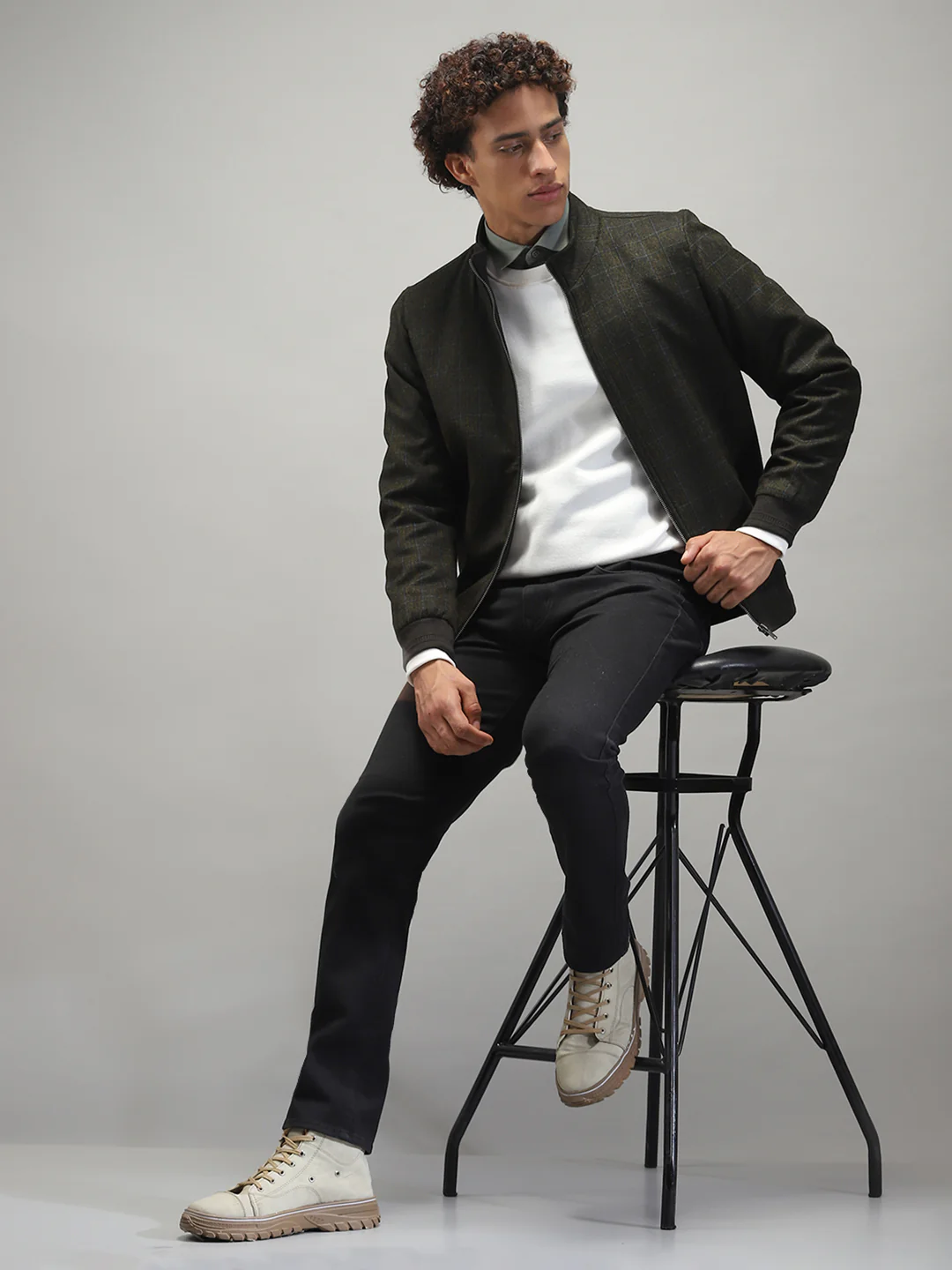 Men Olive Solid Band Collar Full Sleeve Jacket - Image 2